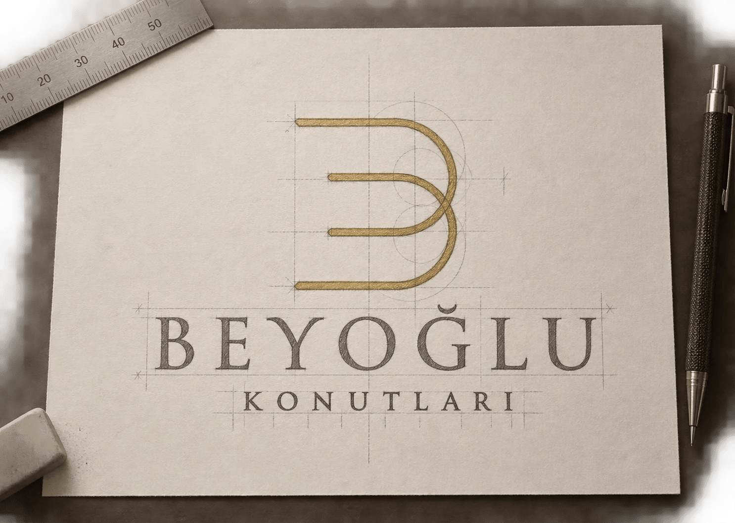 Kâğıt üzerinde yardımcı çizgilerle çizilmiş altın ve gri Beyoğlu Konutları logosu, yanında cetvel ve kalem