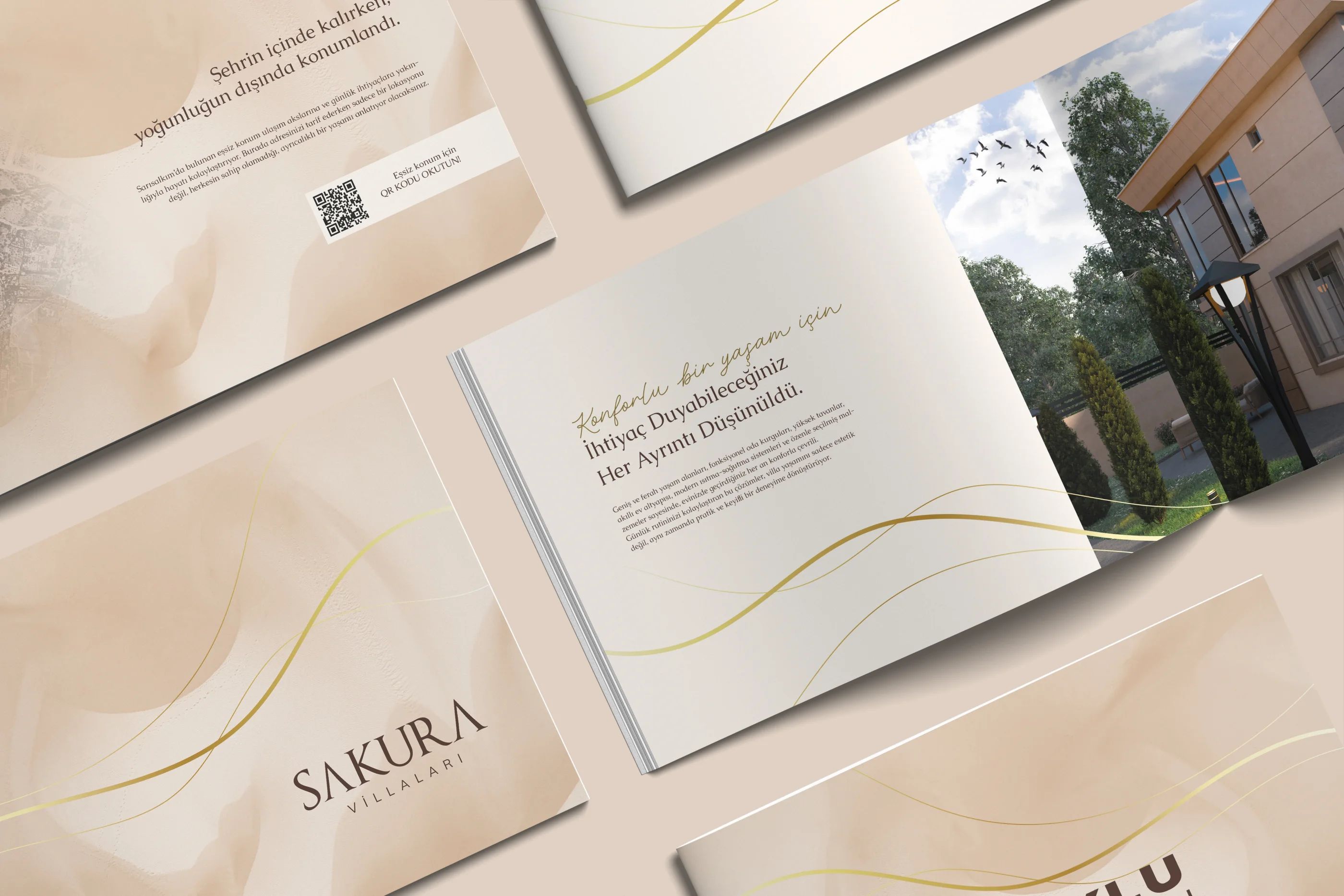 Sakura Villaları kataloğunun kapak, konum ve villa sayfaları; konum sayfasında QR kod