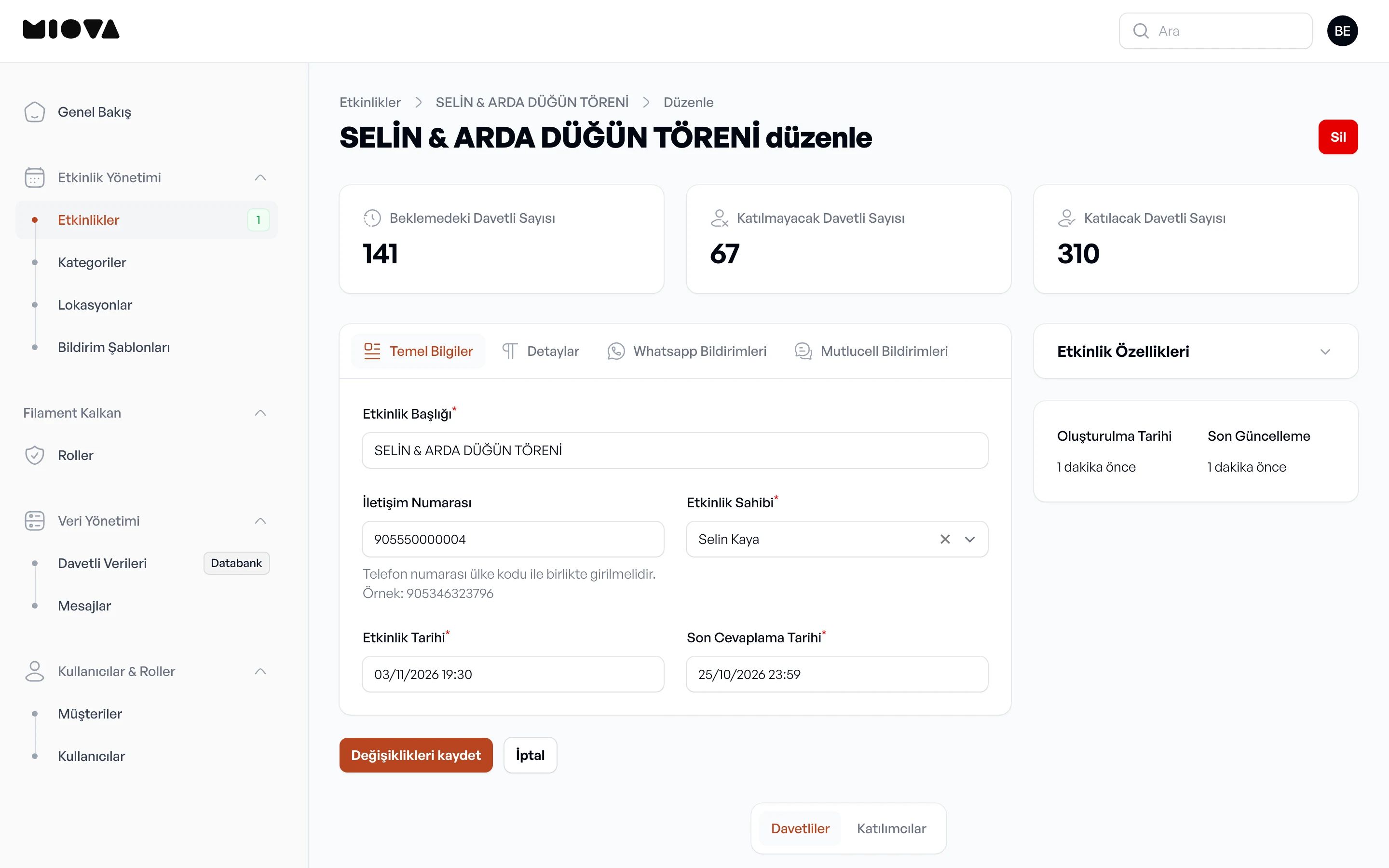 Yönetim panelinde Selin & Arda düğününün düzenleme ekranı: bekleyen, katılmayacak ve katılacak davetli sayıları, temel bilgiler, WhatsApp ve SMS bildirim sekmeleri