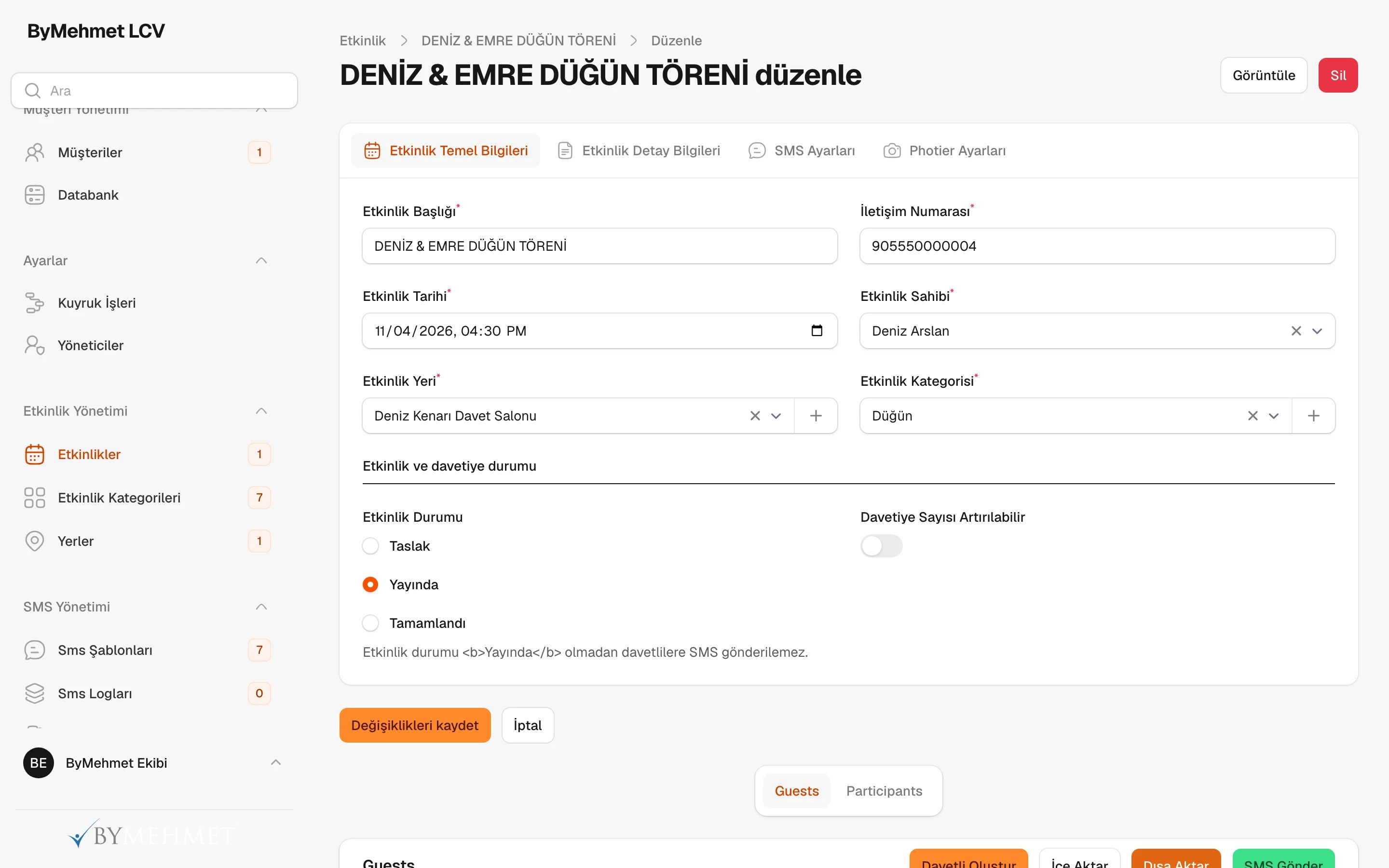 ByMehmet yönetim panelinde Deniz & Emre düğününün düzenleme ekranı: etkinlik bilgileri, yer ve kategori, yayın durumu, SMS ve Photier sekmeleri