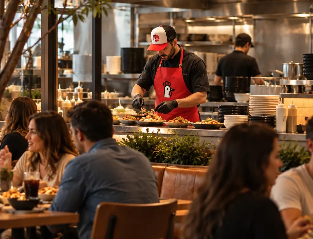 Mix Chicken restoranında karakterli kırmızı önlük ve şapkayla servis hazırlayan çalışan, önde yemek yiyen misafirler
