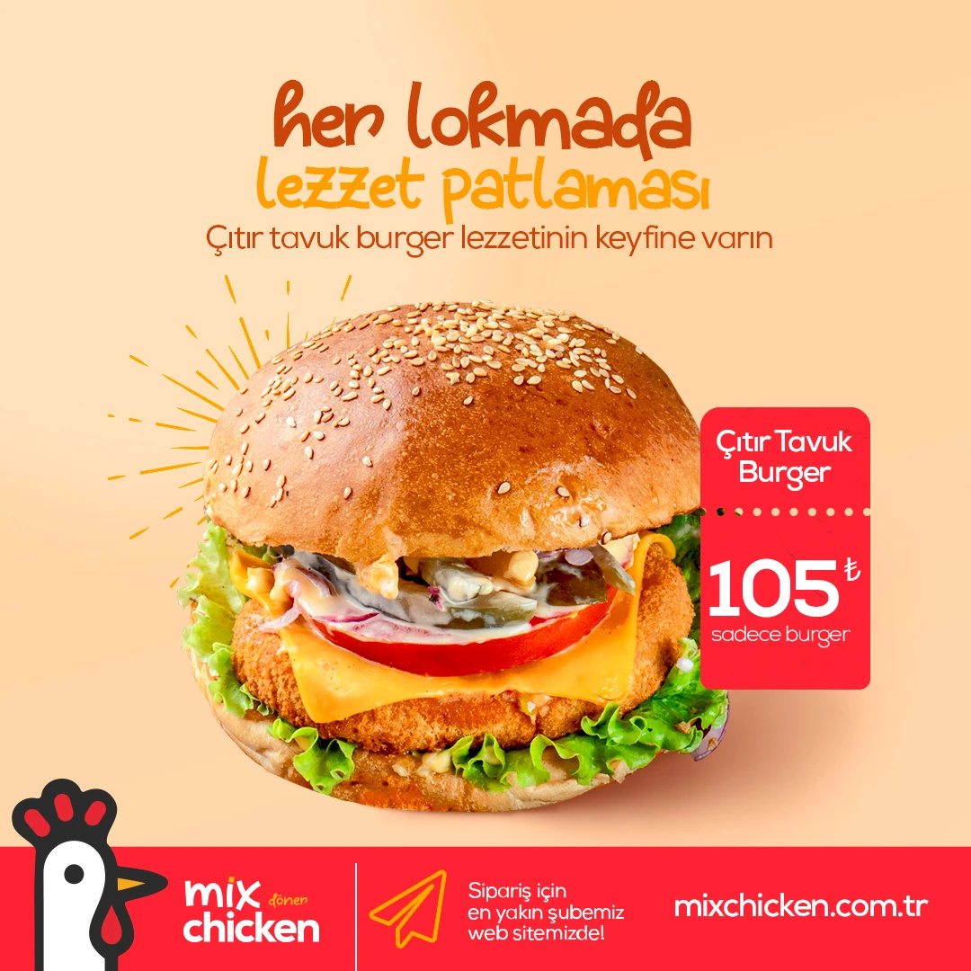 “Her lokmada lezzet patlaması” başlıklı çıtır tavuk burger gönderisi