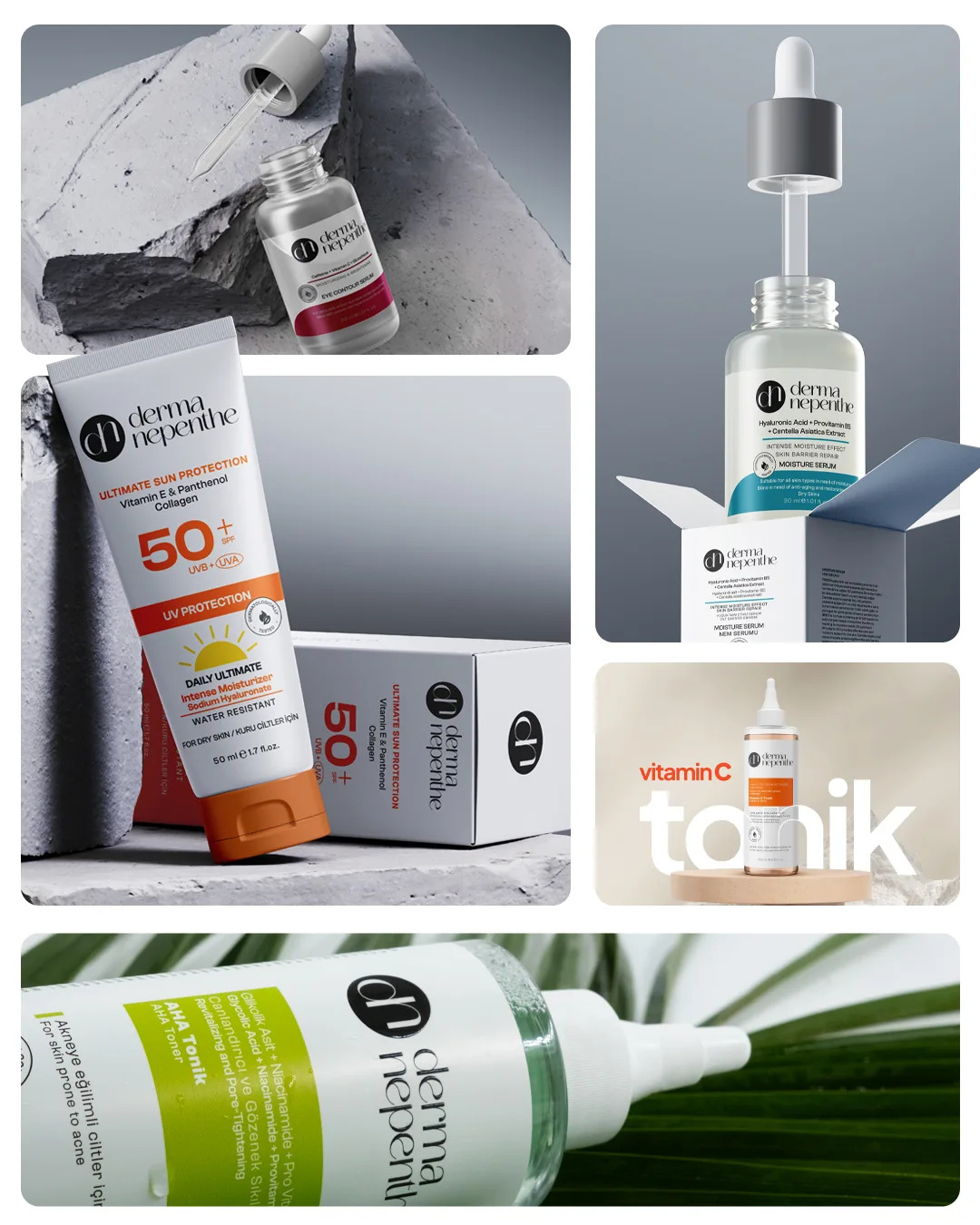 Göz çevresi serumu, nem serumu ve kutusu, güneş kremi ve kutusu, C vitamini tonik ve AHA tonikten oluşan Derma Nepenthe ambalaj kolajı