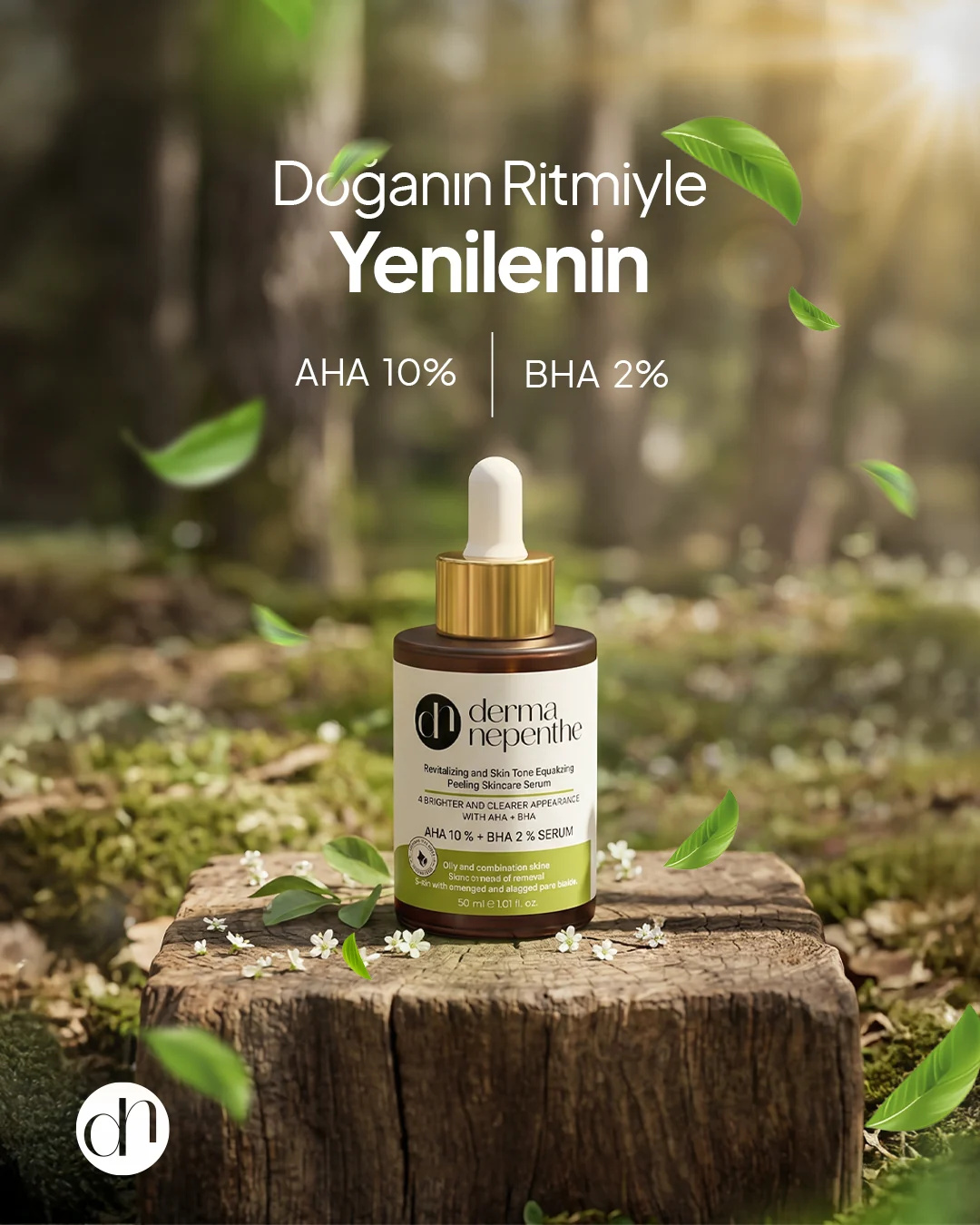 Orman zemininde ağaç kütüğü üzerinde Derma Nepenthe AHA–BHA serum