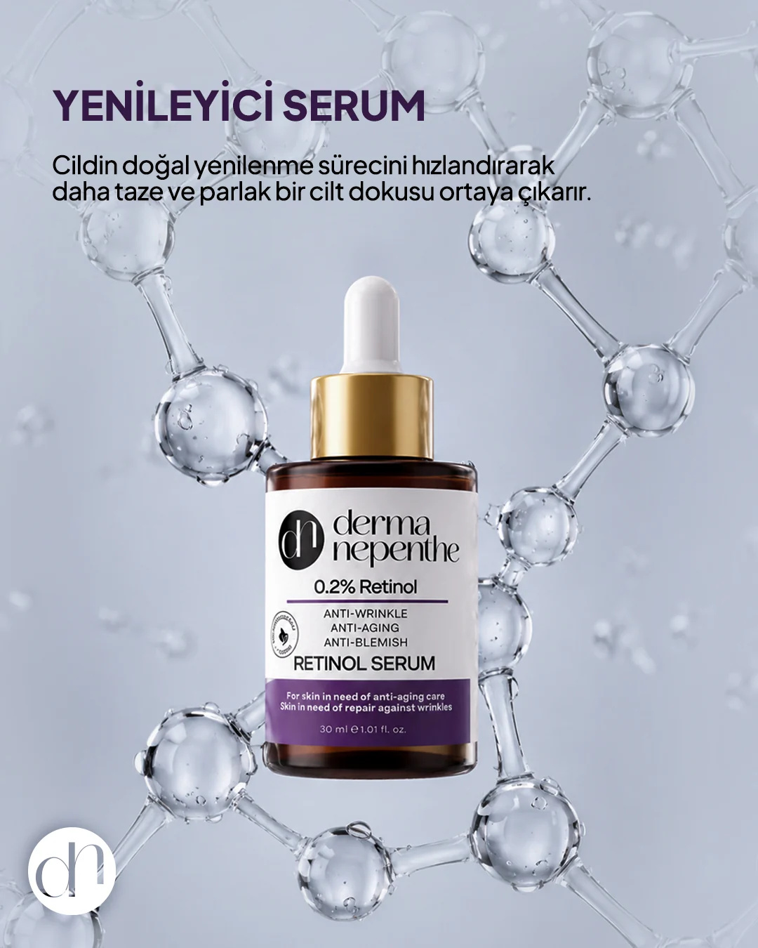 Molekül modeli önünde Derma Nepenthe retinol serumu