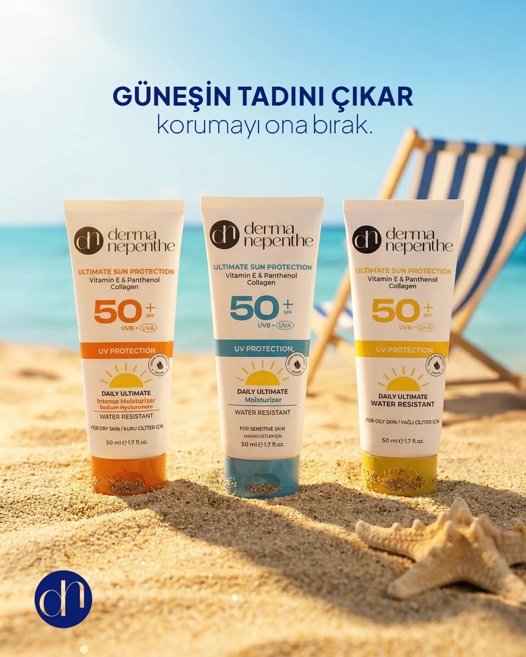 Kumsalda üç Derma Nepenthe güneş kremi