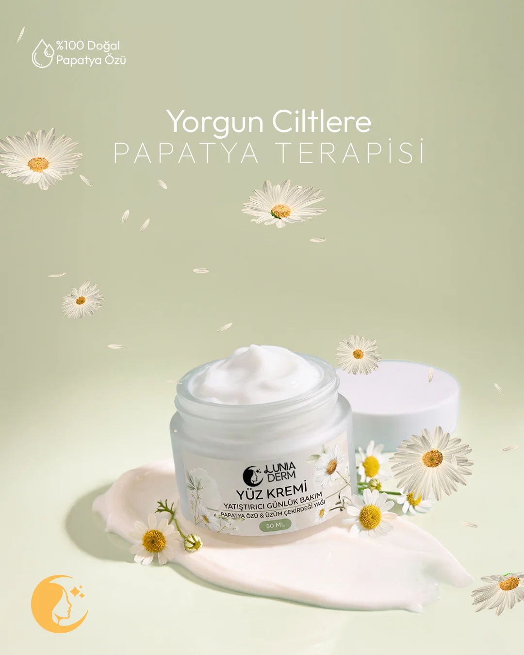 Papatyalar arasında açık kapaklı Lunia Derm yüz kremi