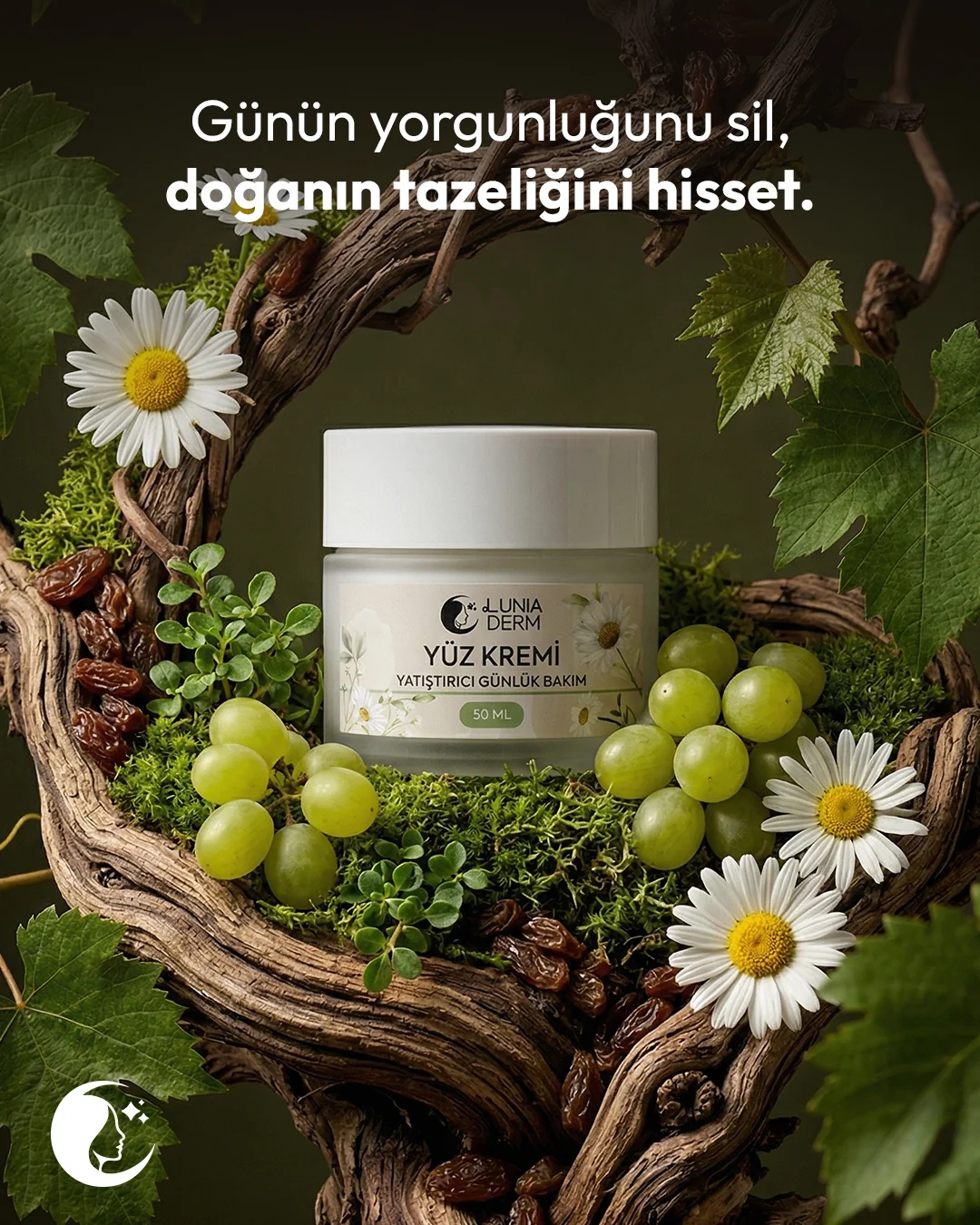 Ahşap, yosun, papatya ve üzüm taneleri arasında Lunia Derm yüz kremi