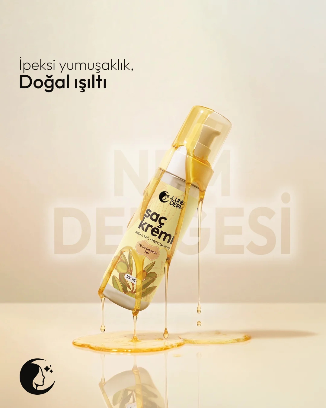 Altın rengi yağ akışı içinde Lunia Derm saç kremi