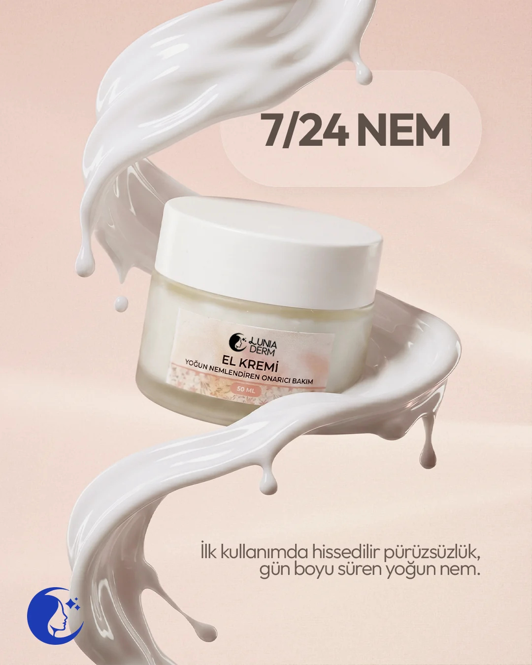 Krem dalgası içinde Lunia Derm el kremi