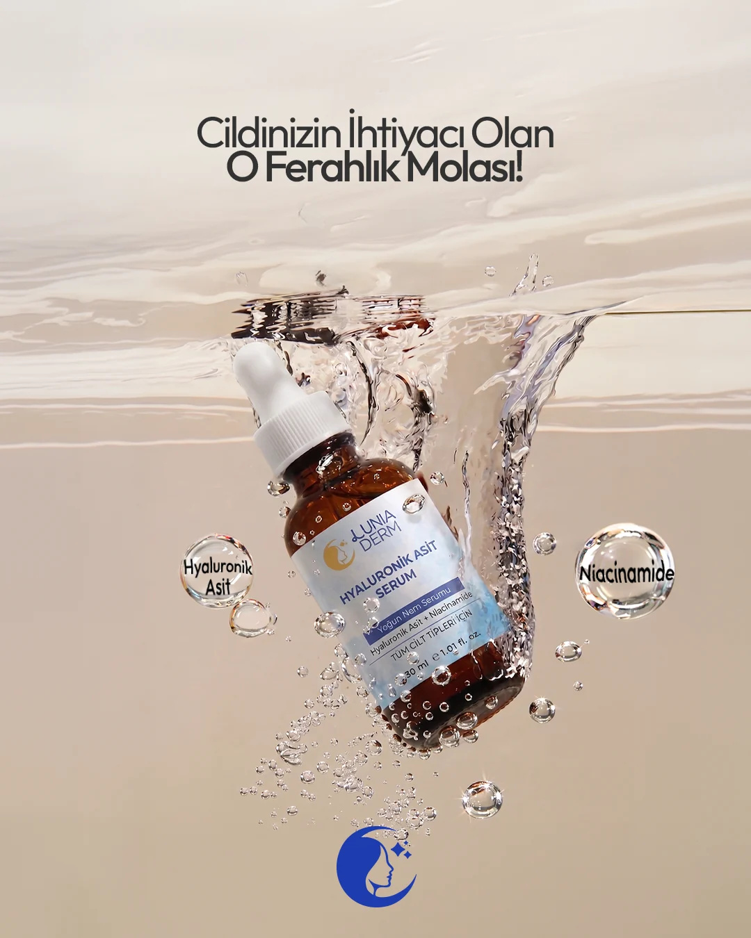 Suyun içine düşen Lunia Derm hyaluronik asit serum şişesi