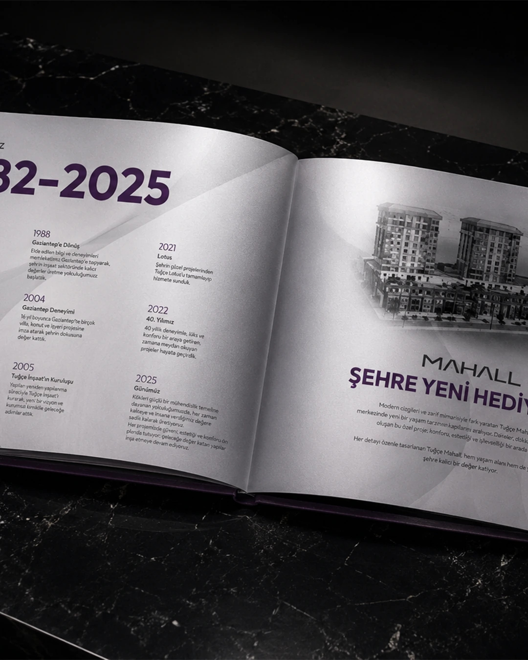 Solda Tuğçe İnşaat’ın 1988’den 2025’e zaman çizelgesi, sağda Mahall binaları ve “Şehre yeni hediye” başlığıyla katalog açılımı