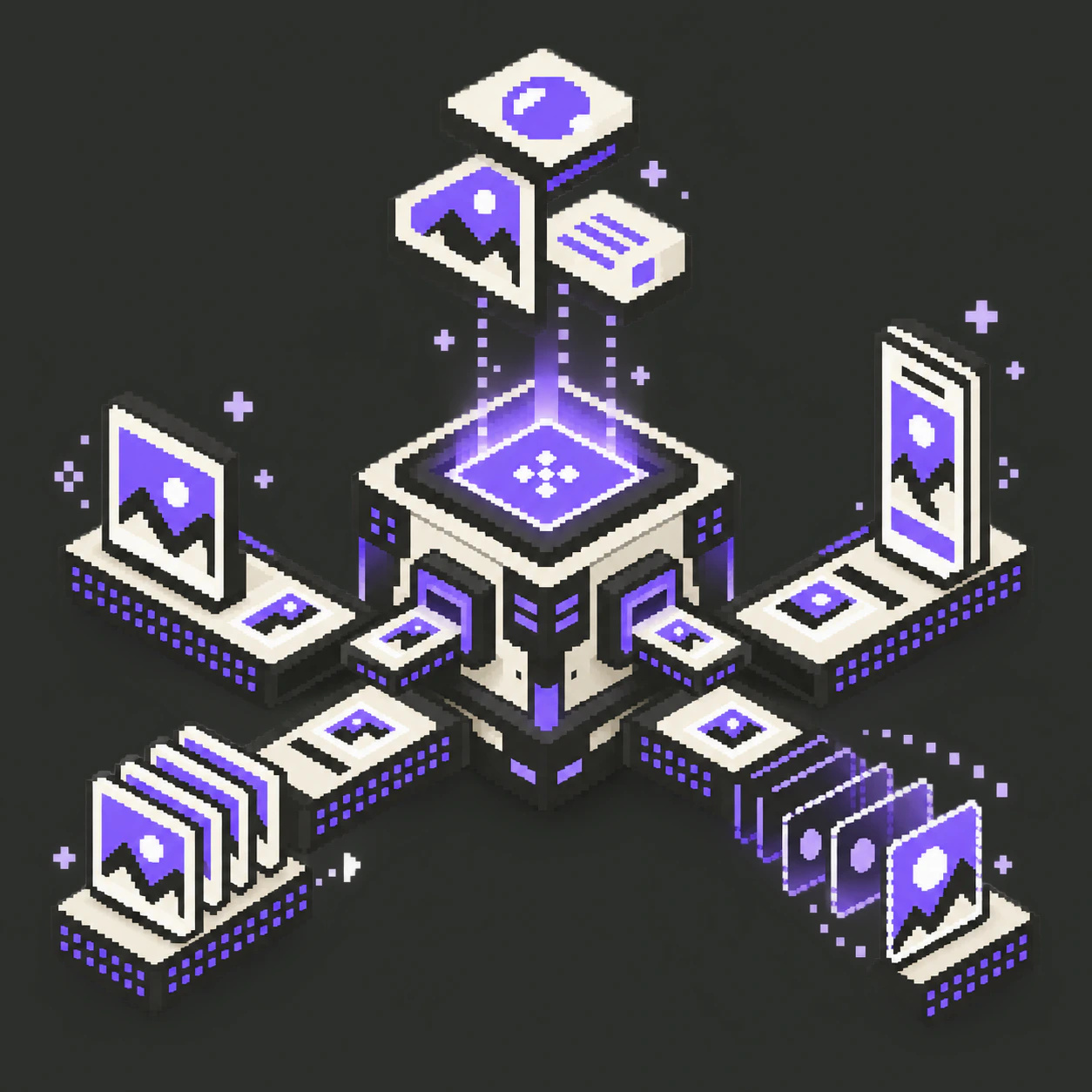 Modular pixel-art publishing system transforming content cards into different formats