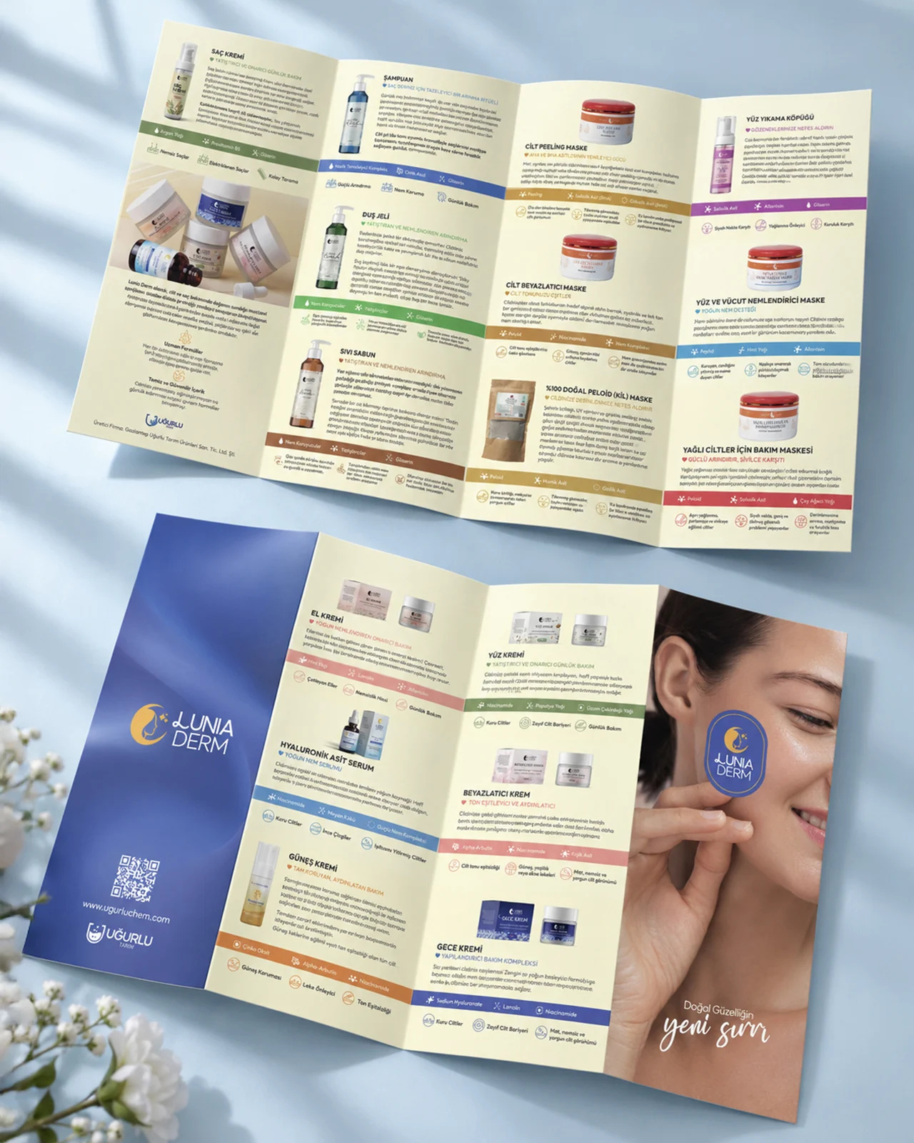 Lunia Derm ürün broşürünün iç ve dış yüzü