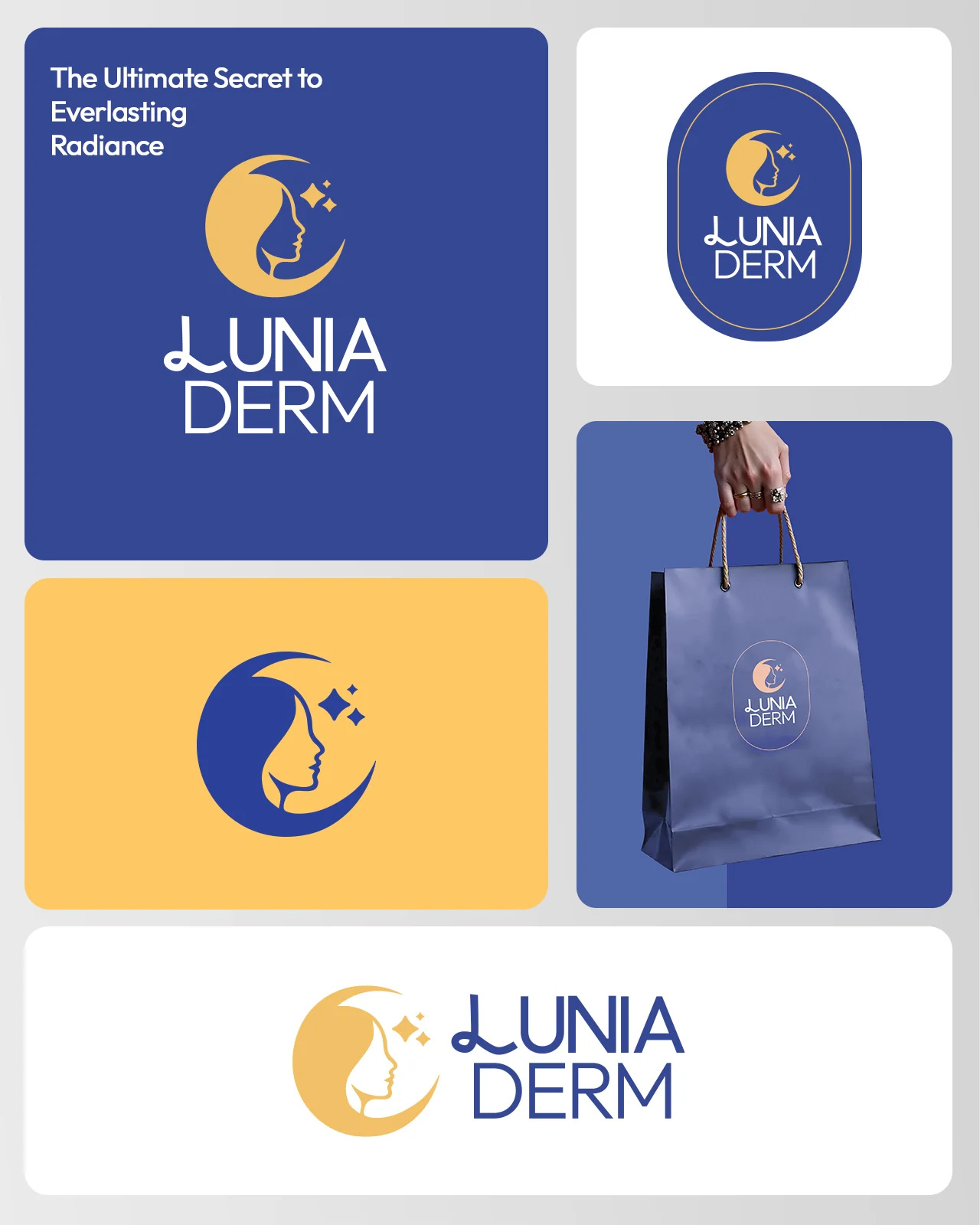 Lunia Derm hilal ve yüz profili işareti, oval rozet ve alışveriş çantası uygulaması