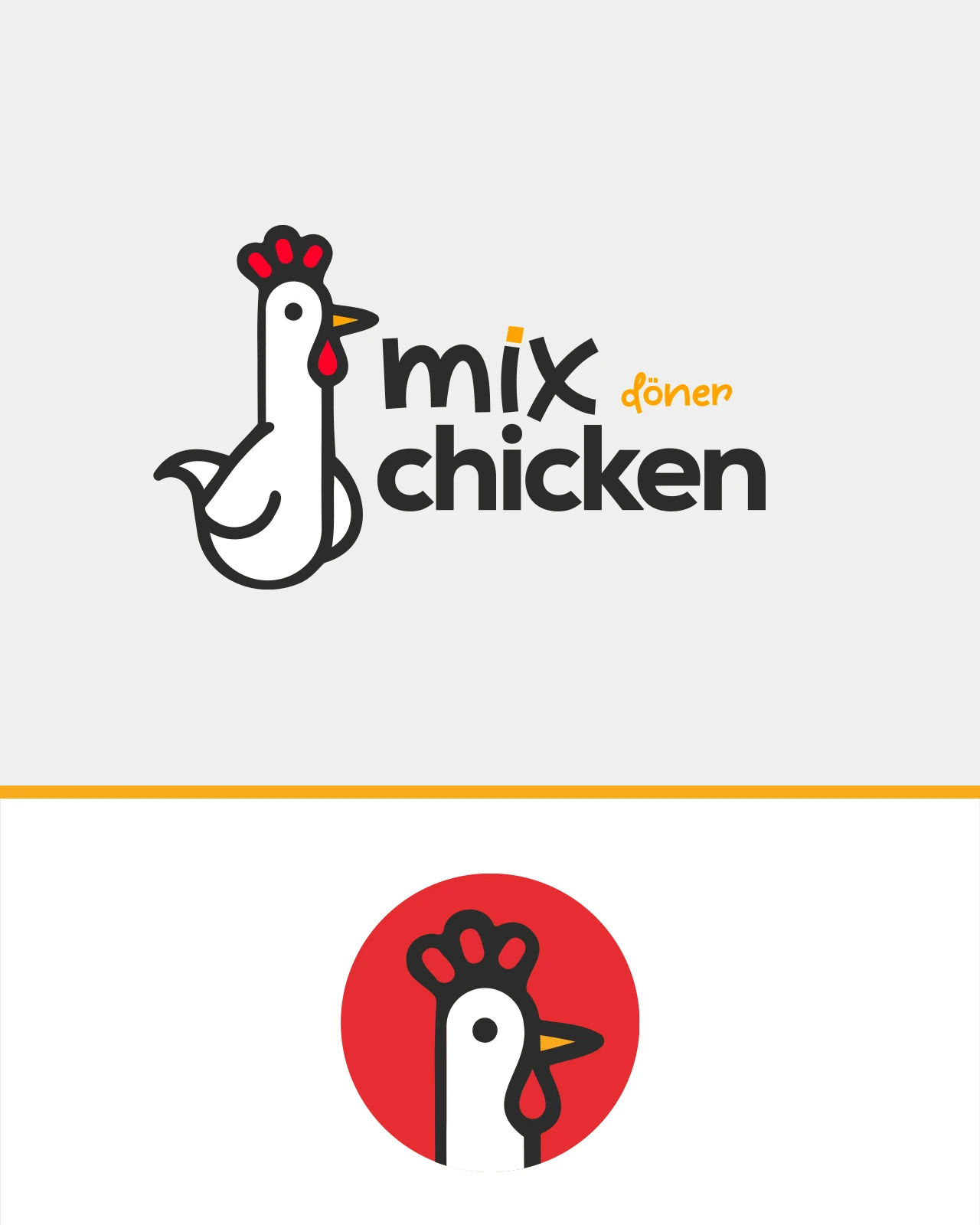 Üstte gri zeminde Mix Chicken döner logosu, altta kırmızı daire içinde tavuk karakteri