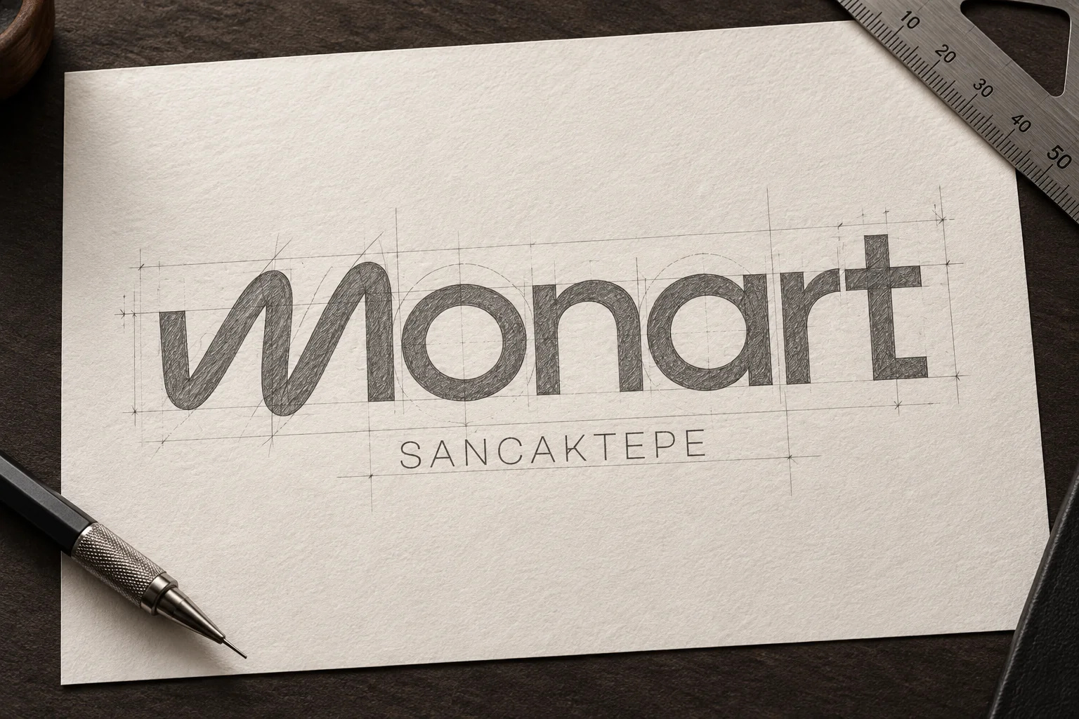 Kâğıt üzerinde yardımcı çizgilerle çizilmiş Monart Sancaktepe logosu, yanında kalem ve cetvel