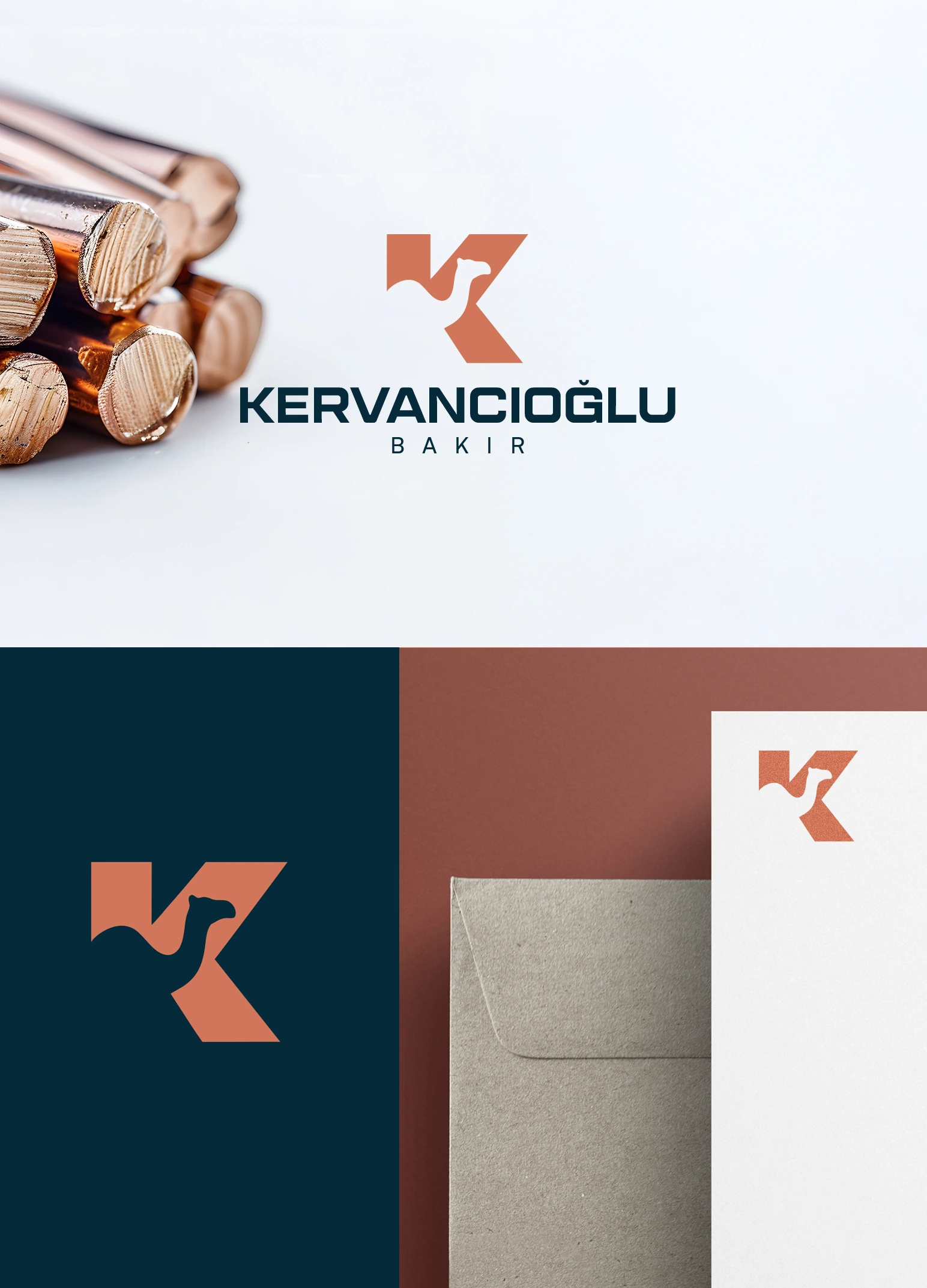 Bakır çubukların yanında Kervancıoğlu Bakır logosu; altında lacivert zeminde işaret, zarf ve antetli kâğıt
