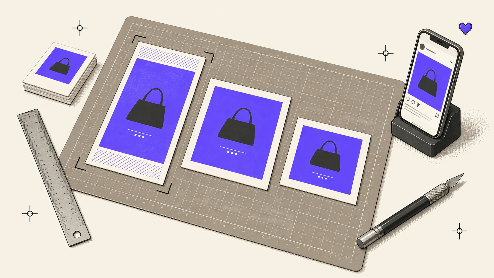 Isometric illustration on cream: prints of the same image cut to 9:16, 4:5 and 1:1 on a cutting mat, with crop marks, a ruler, a craft knife and a phone on a stand