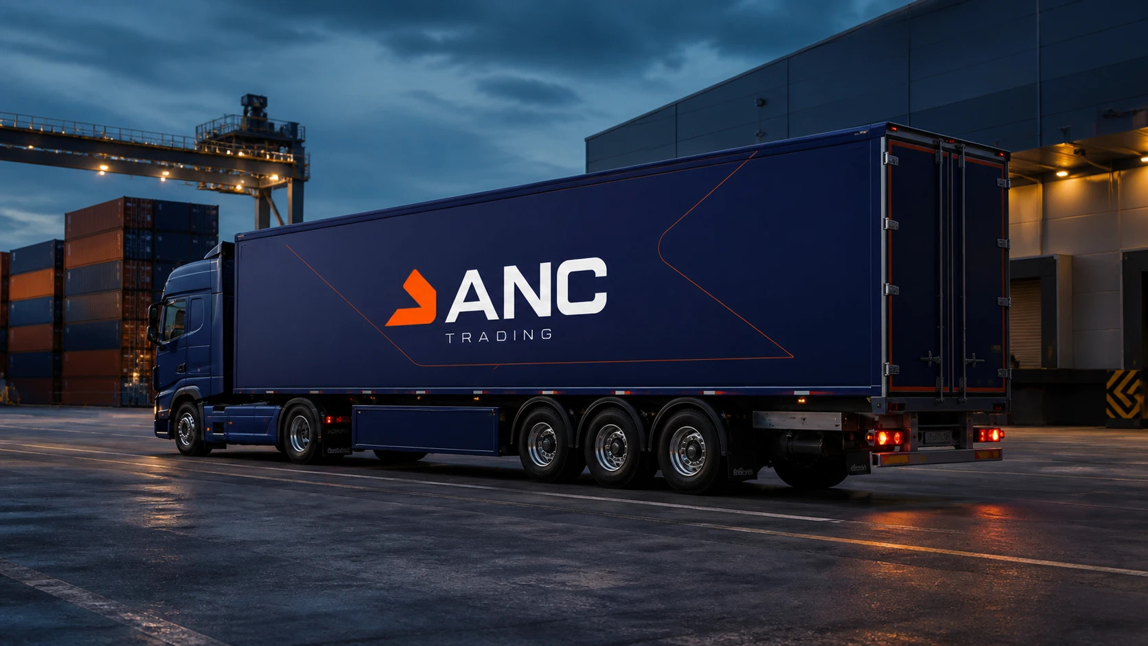 Navy trailer carrying the ANC Trading identity at a logistics terminal