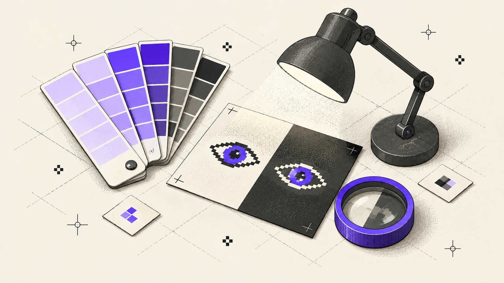 Isometric illustration on cream: a color swatch fan from lavender to charcoal, a card split into light and dark halves with two pixel eyes lit by a desk lamp, and a violet-rimmed magnifying loupe