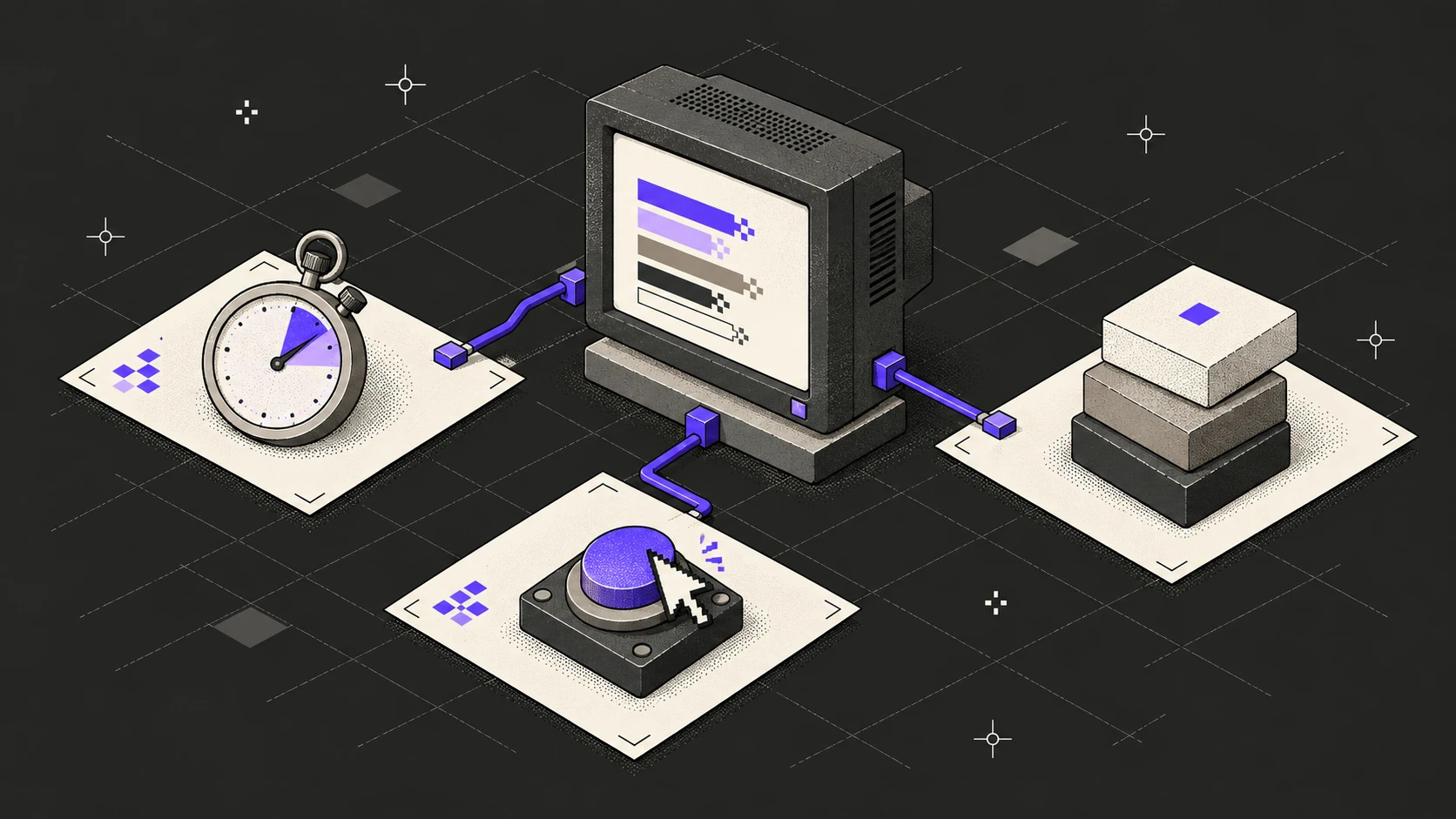 Isometric illustration on charcoal: a retro monitor showing loading bars, connected by violet cables to a stopwatch, a button being pressed by a cursor and a stack of blocks with the top one slightly shifted