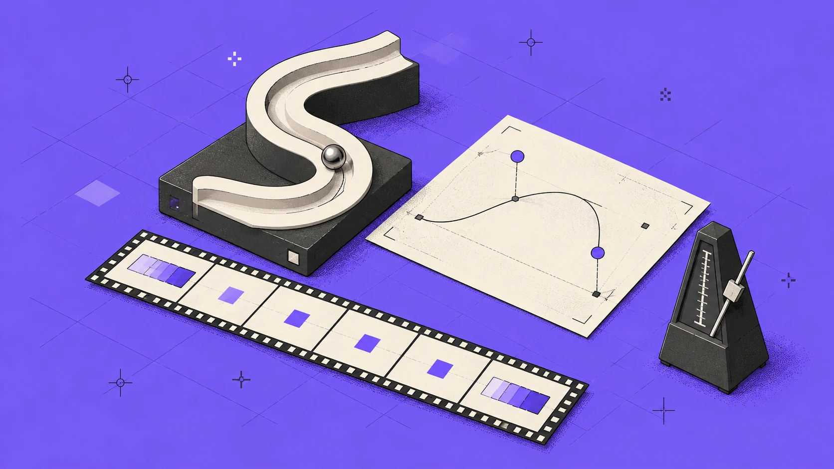 Isometric illustration on violet: a steel ball rolling on an S-shaped rail, a drawing of a bezier curve with control handles, a film strip with a square moving frame by frame and a metronome