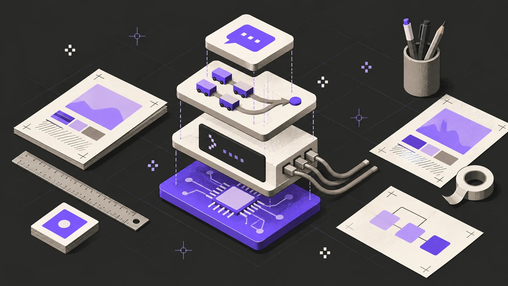 Isometric illustration on charcoal: a four-layer tower with a violet chip slab at the bottom, a cabled terminal above it, small carts on parallel tracks above that and a speech bubble on top