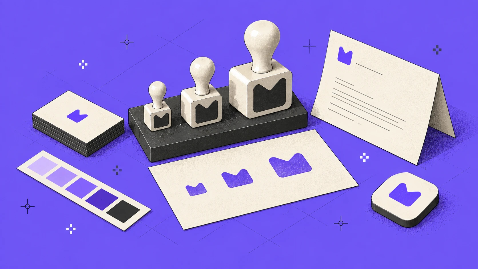 Isometric illustration on violet: three stamps in small, medium and large sizes carrying the same mark and their prints on paper, business cards, a letterhead, a color strip and an app icon with the same mark