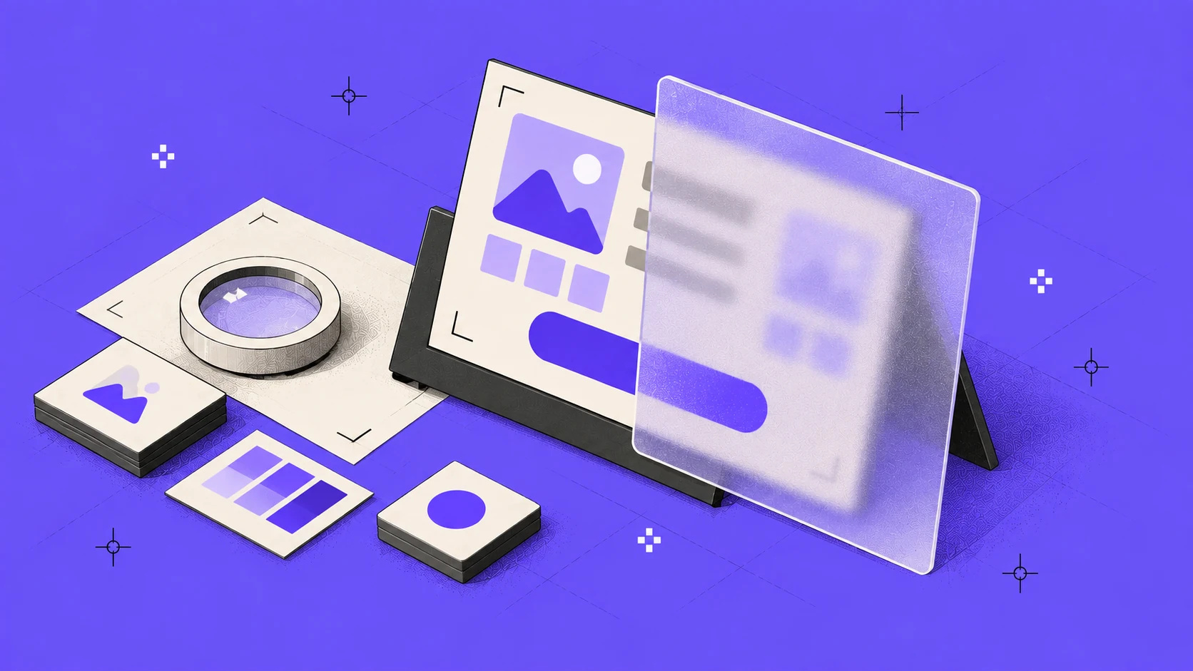 Isometric illustration on violet: a product page mockup on an easel, half covered by a frosted lavender glass pane through which only the button shape stays clear, with a loupe and small cards of different weights beside it