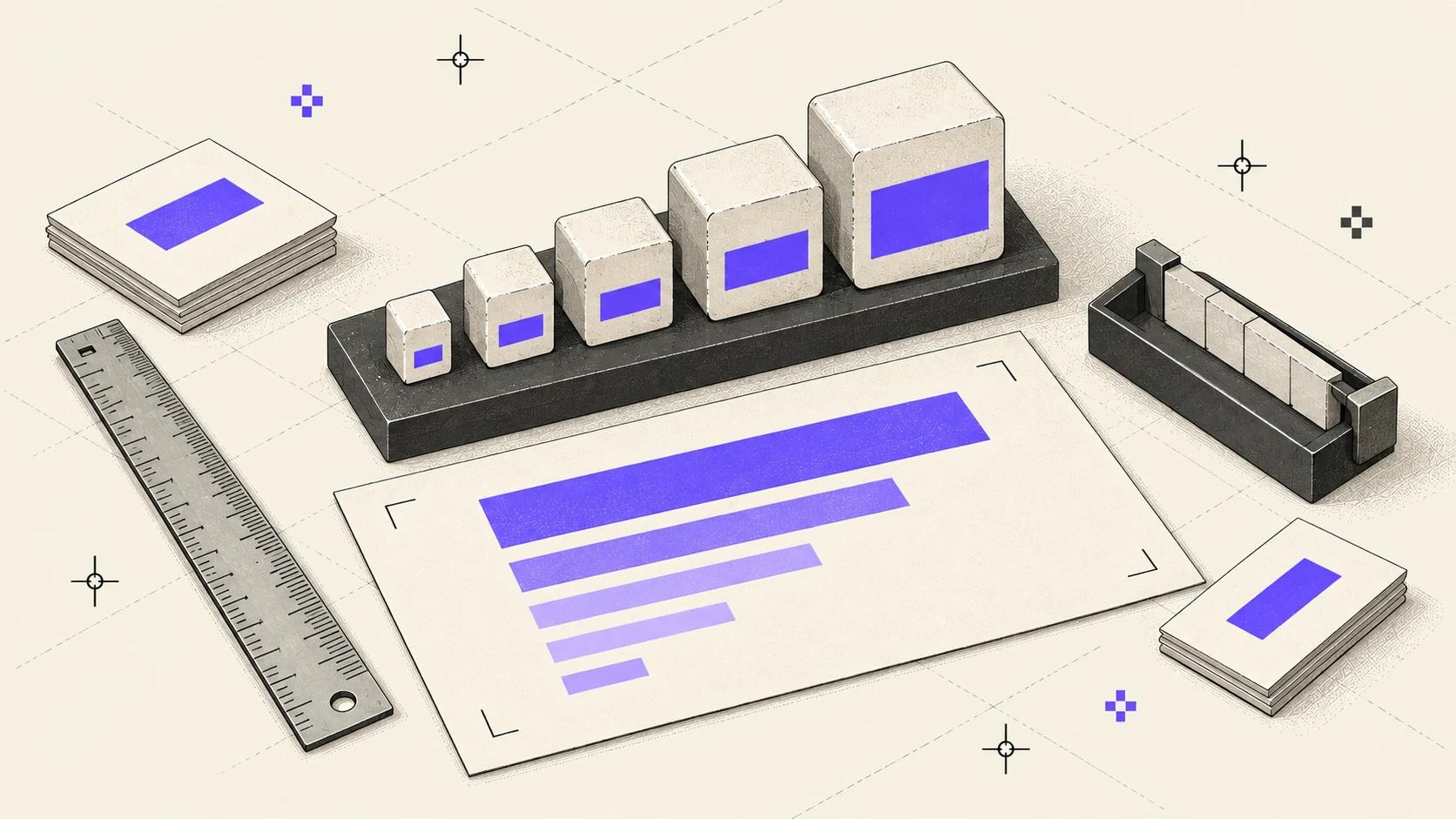 Isometric illustration on cream: letterpress type blocks in five sizes rising like steps, a printed sheet whose lines shrink step by step, and a typographer’s ruler lying diagonally