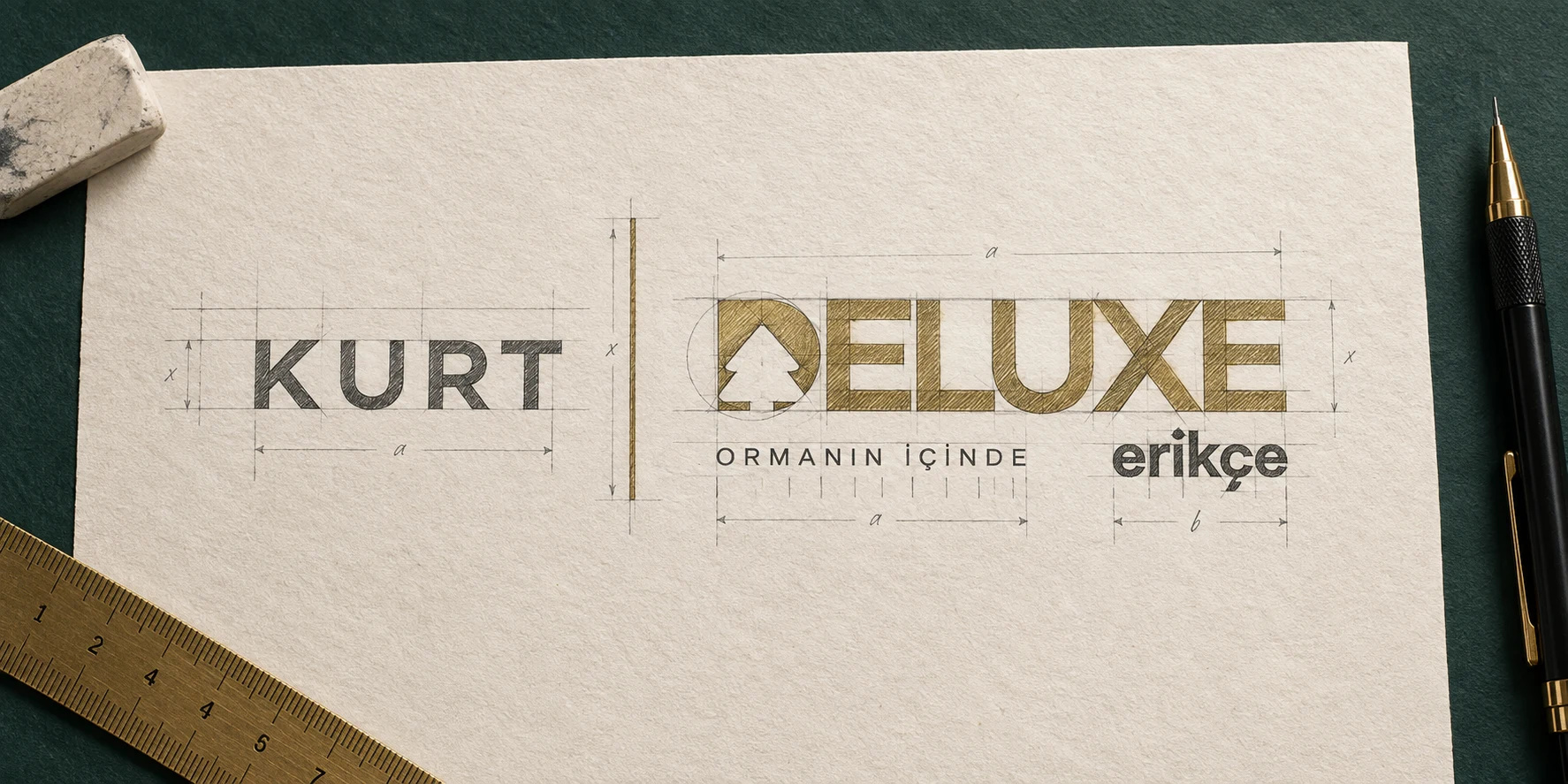 The Kurt Deluxe Erikçe logo drawn with construction lines on paper, beside a pencil, eraser and ruler