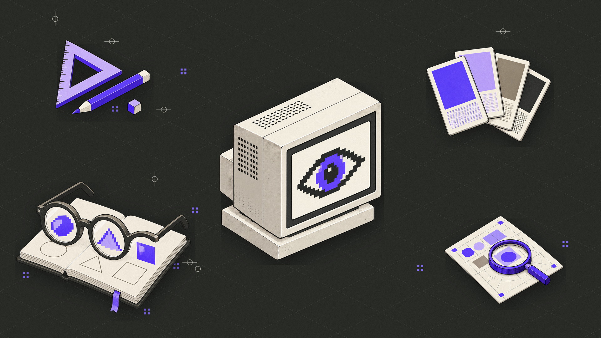 Teaching How to Look workshop: pixel-eye monitor, sketchbook with glasses, swatches, loupe and drawing tools