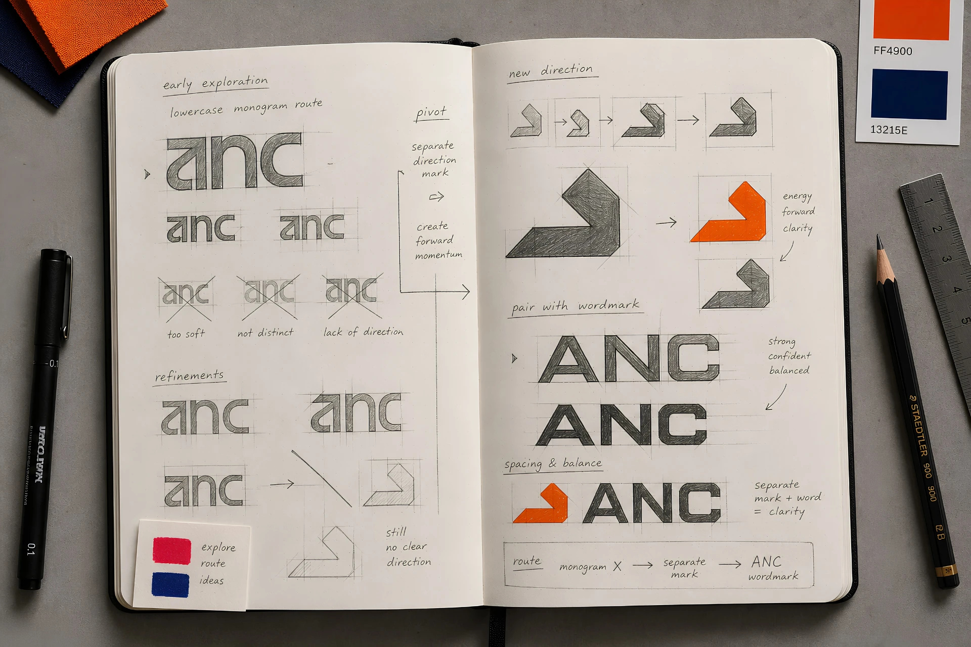 ANC Trading monogram ve yön işareti eskizlerinin bulunduğu tasarım defteri