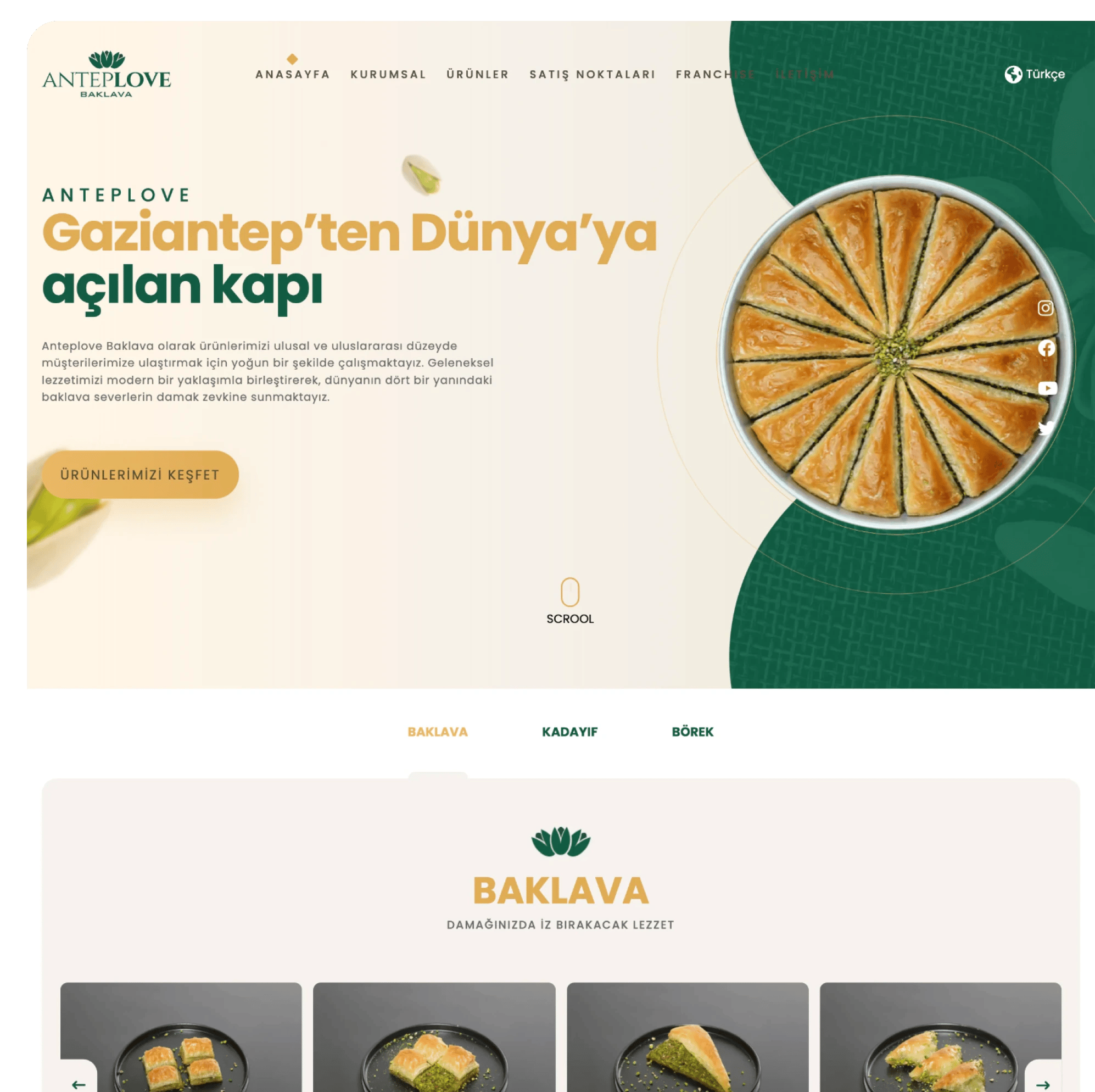 Anteplove sitesinin açılışı: “Gaziantep’ten Dünya’ya açılan kapı” başlığı, yeşil zeminde havuç dilimi baklava tepsisi ve altında baklava ürün kartları