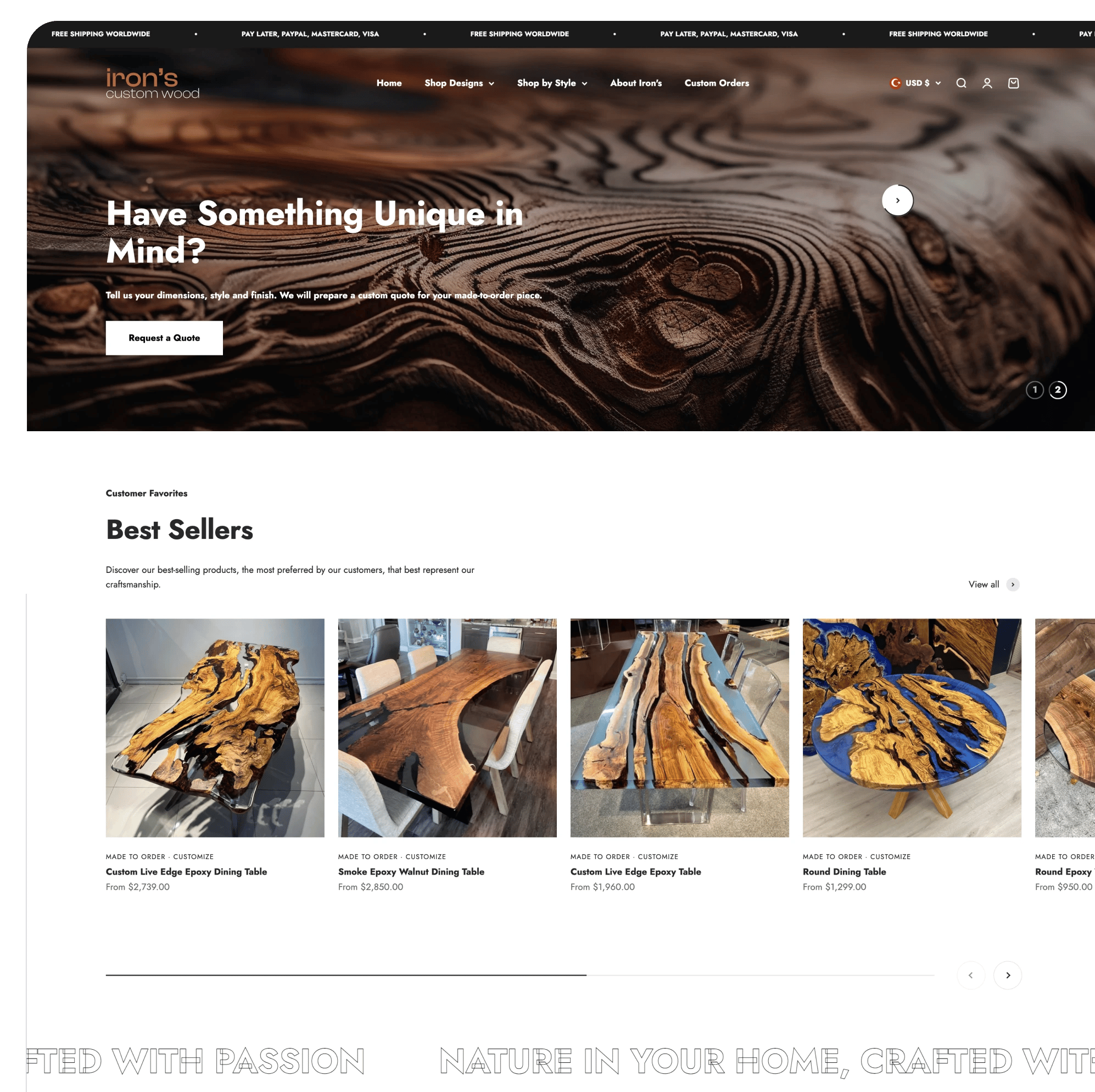 Iron’s Custom Wood mağazasının açılışı: ahşap damarı fotoğrafı üzerinde “Have Something Unique in Mind?” başlığı ve çok satanlar