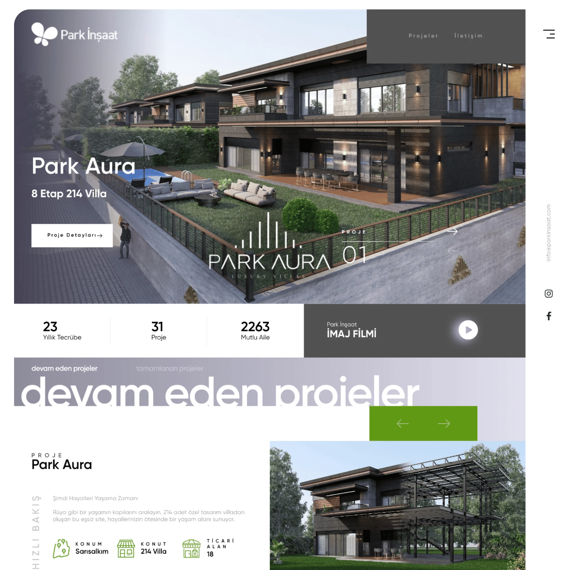 Park İnşaat sitesinin açılışı: Park Aura villalarının görseli, “23 Yıllık Tecrübe, 31 Proje, 2263 Mutlu Aile” sayaçları ve devam eden projeler bölümü