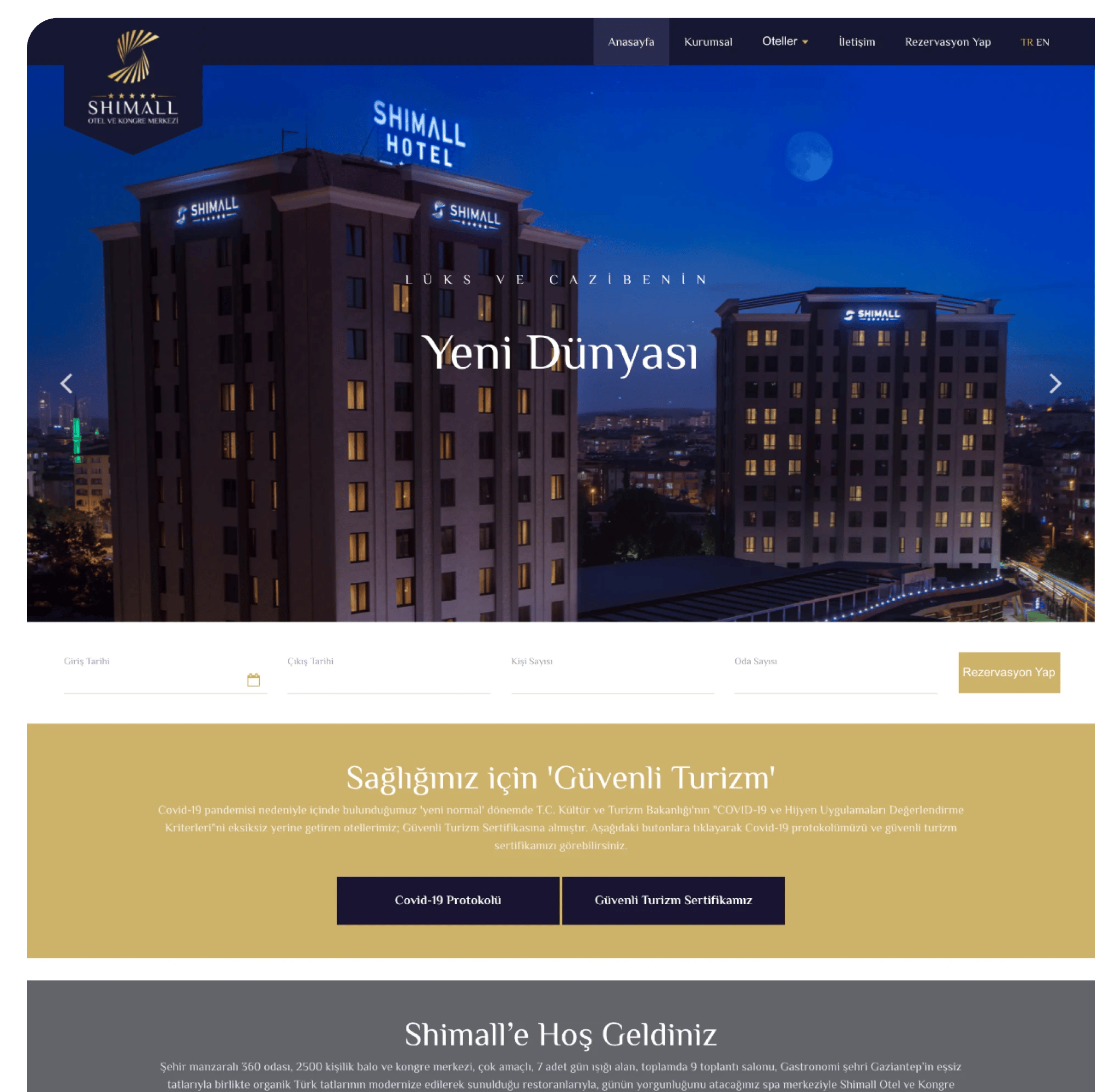 Shimall Hotel sitesinin açılışı: gece aydınlatılmış otel binaları önünde “Lüks ve Cazibenin Yeni Dünyası” başlığı, rezervasyon formu ve “Güvenli Turizm” bandı