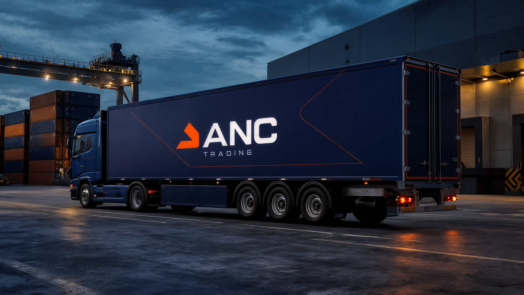 Lojistik terminalinde ANC Trading kimliği uygulanmış lacivert treyler