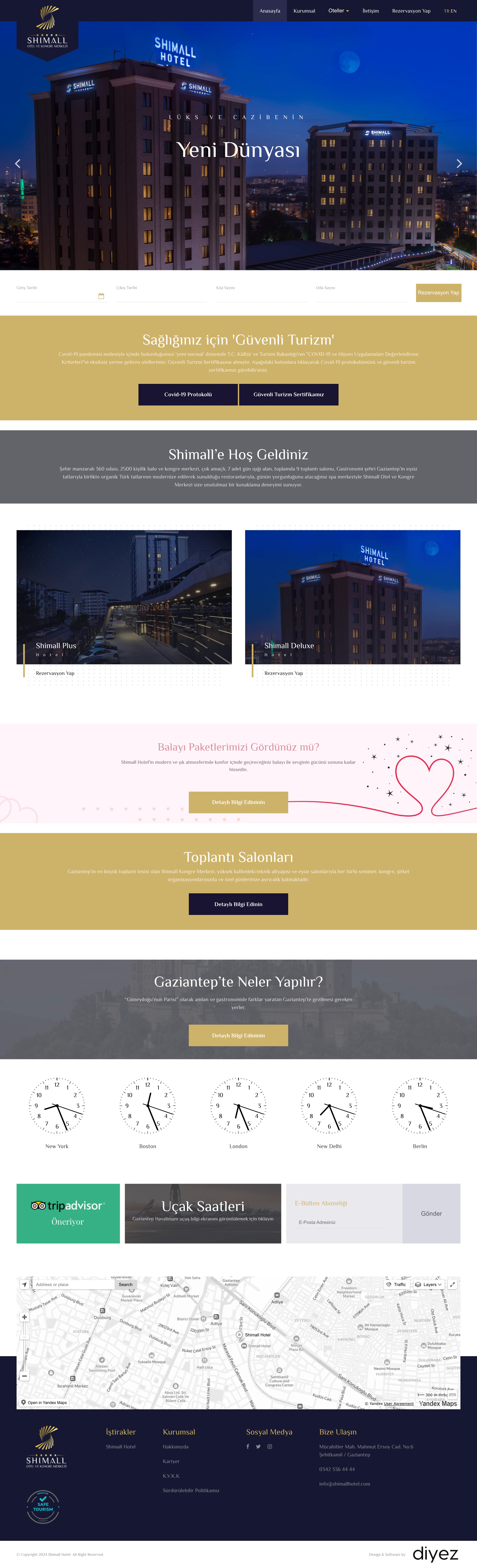 Shimall Hotel ana sayfasının tamamı: açılış slaytı ve rezervasyon şeridi, otel kartları, balayı paketleri, toplantı salonları ve Gaziantep rehberi
