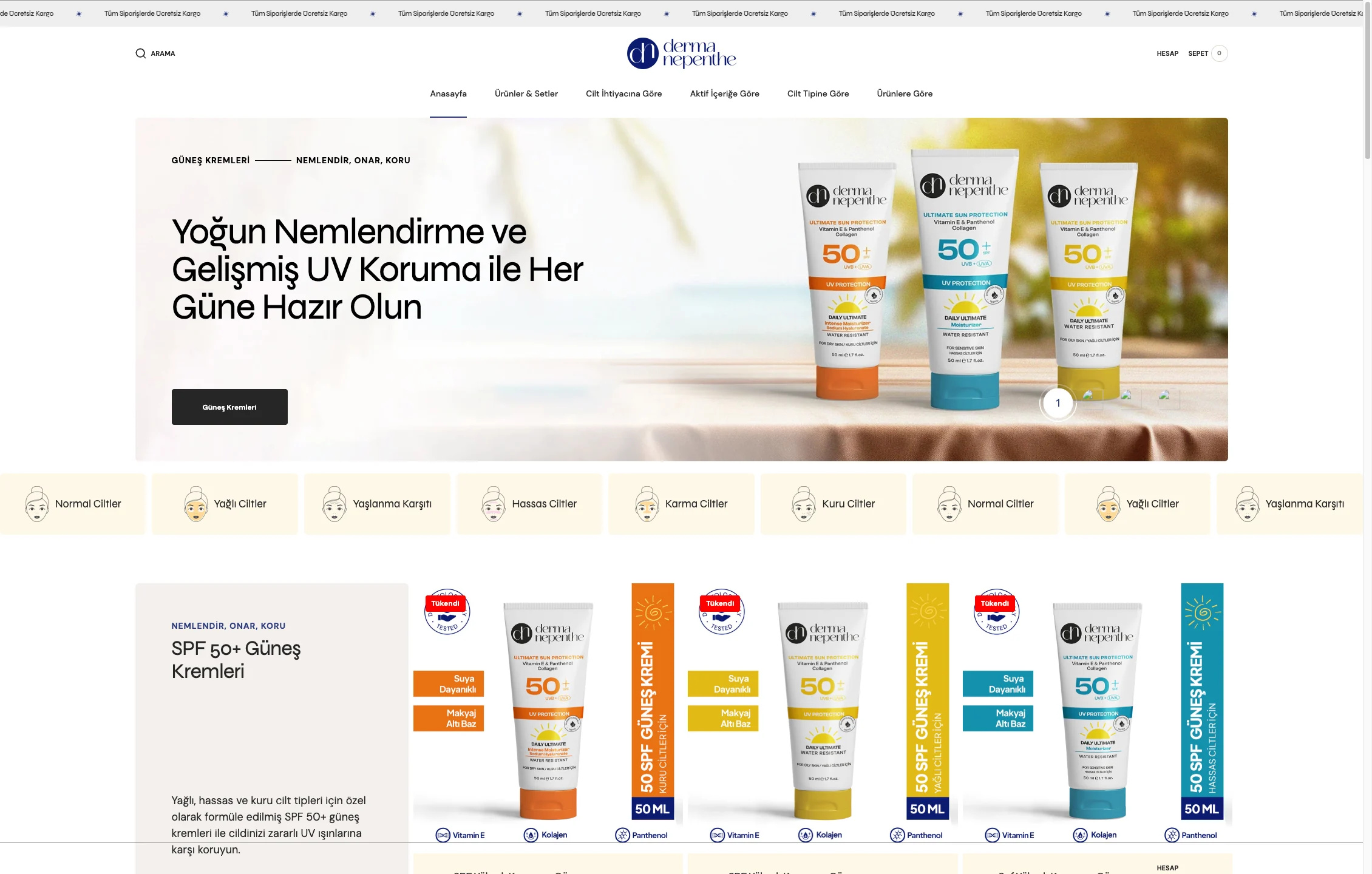 Derma Nepenthe e-ticaret sitesinin ana sayfası, cilt tipi şeridi ve güneş kremleri