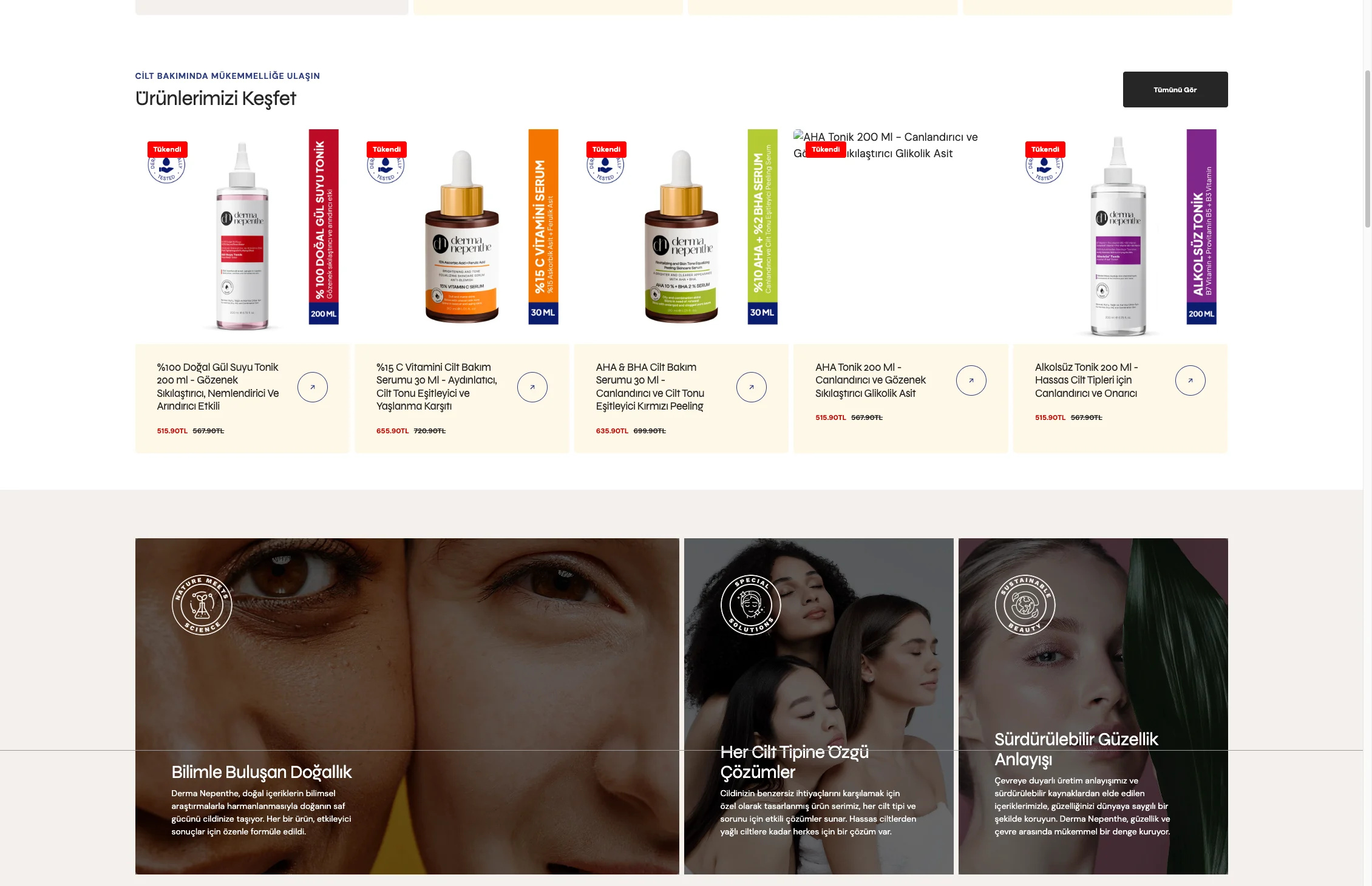 Derma Nepenthe sitesinde renk bantlı ürün kartları ve marka ilkeleri bölümü