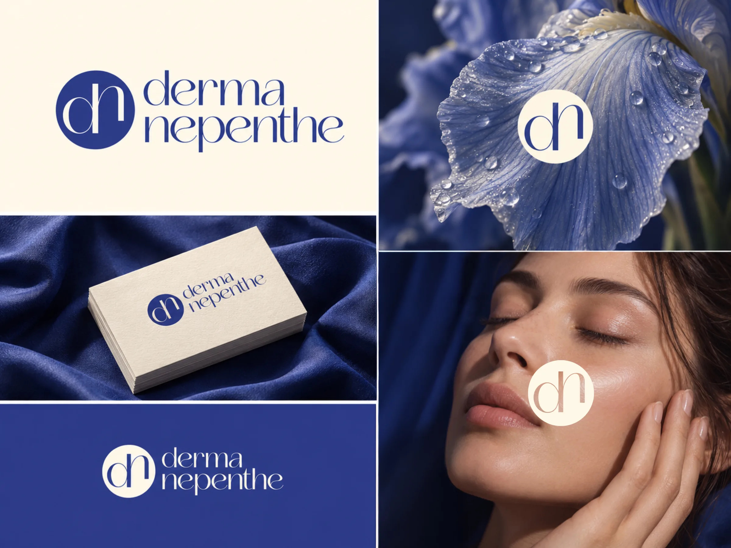 Derma Nepenthe logosu, dn monogramı, kartvizit, iris çiçeği ve yüz görsellerinden oluşan kimlik panosu