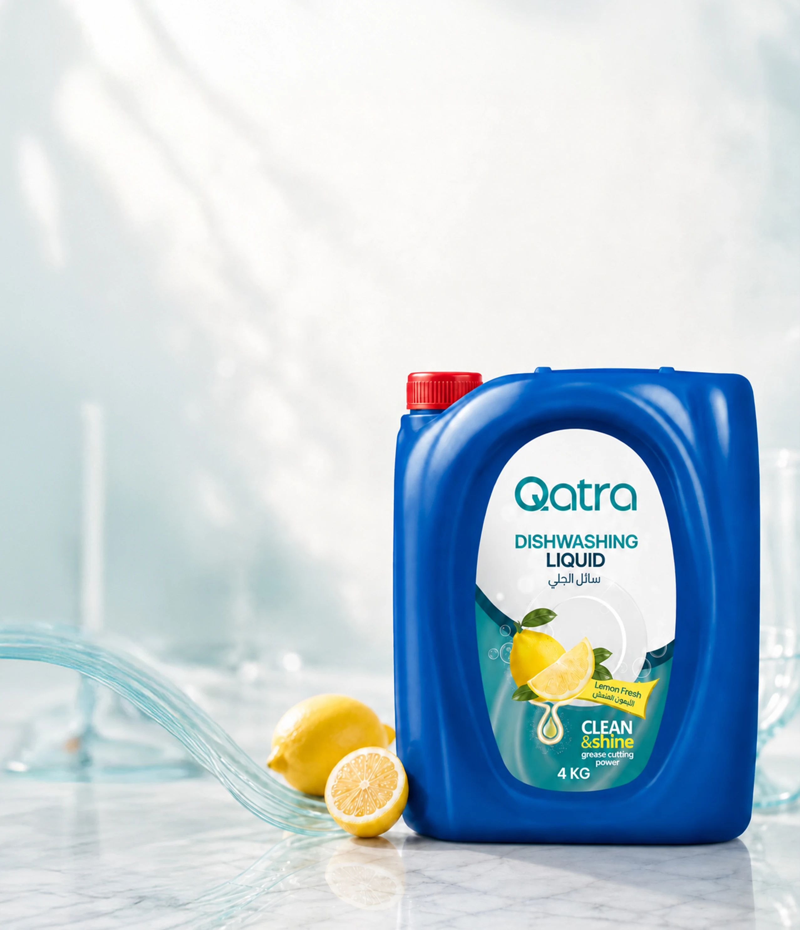 Limonların yanında mavi 4 kg Qatra limonlu bulaşık deterjanı bidonu