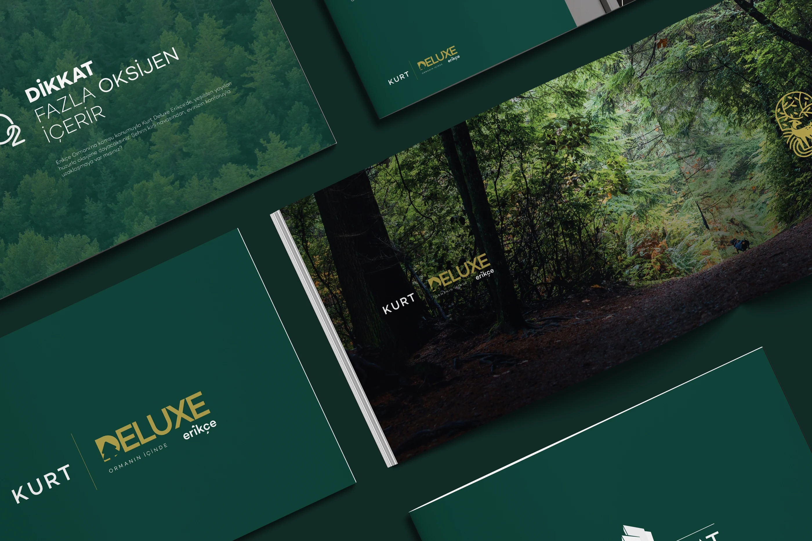 Kurt Deluxe Erikçe catalog spreads: a forest photograph, the “Dikkat fazla oksijen içerir” page and deep green covers