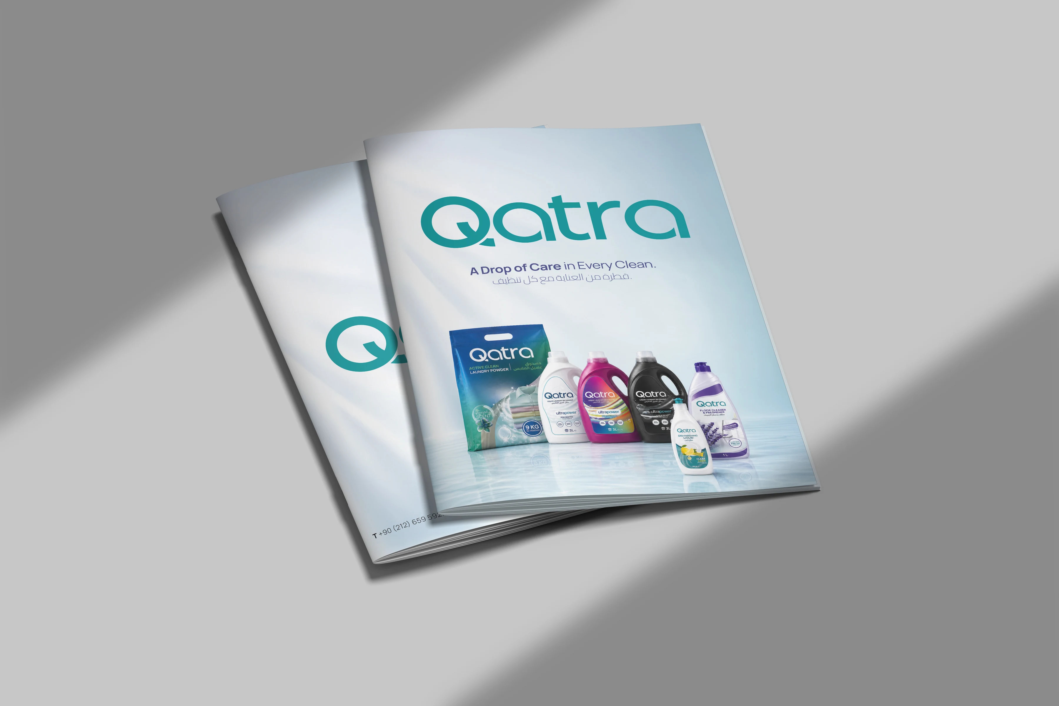 Kapağında Qatra logosu, “A Drop of Care in Every Clean.” sloganı ve ürün ailesi bulunan katalog