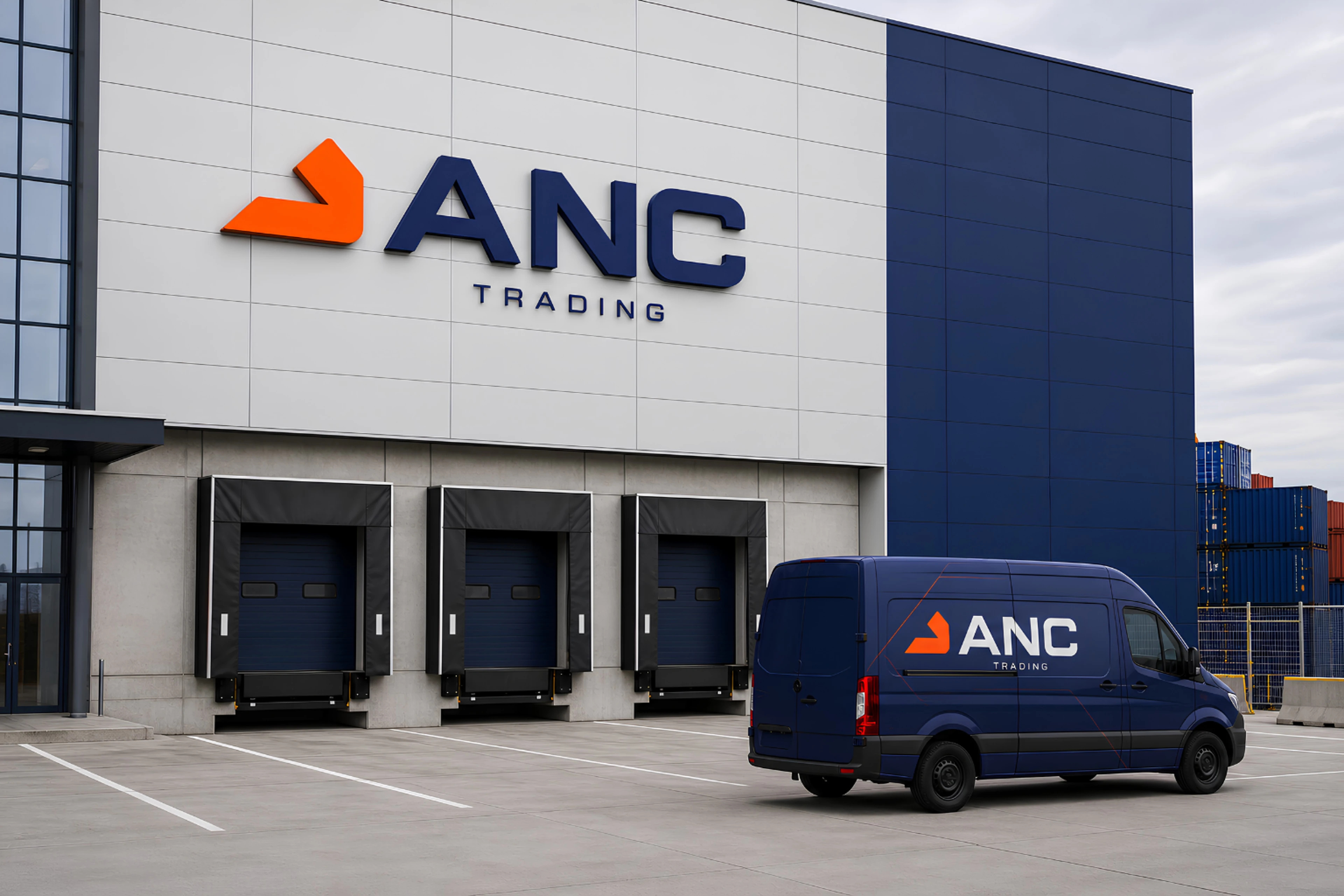Lacivert ve gri depo cephesinde ANC Trading tabelası ve önünde ANC logolu lacivert panelvan