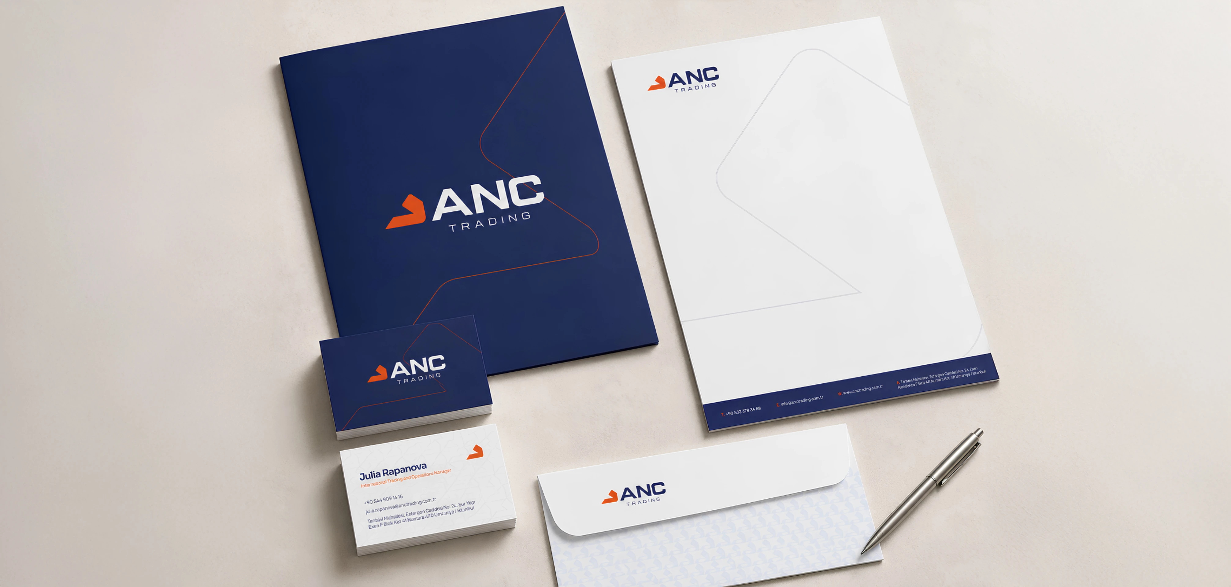 ANC Trading klasör, antetli kâğıt, kartvizit ve zarftan oluşan kurumsal evrak seti