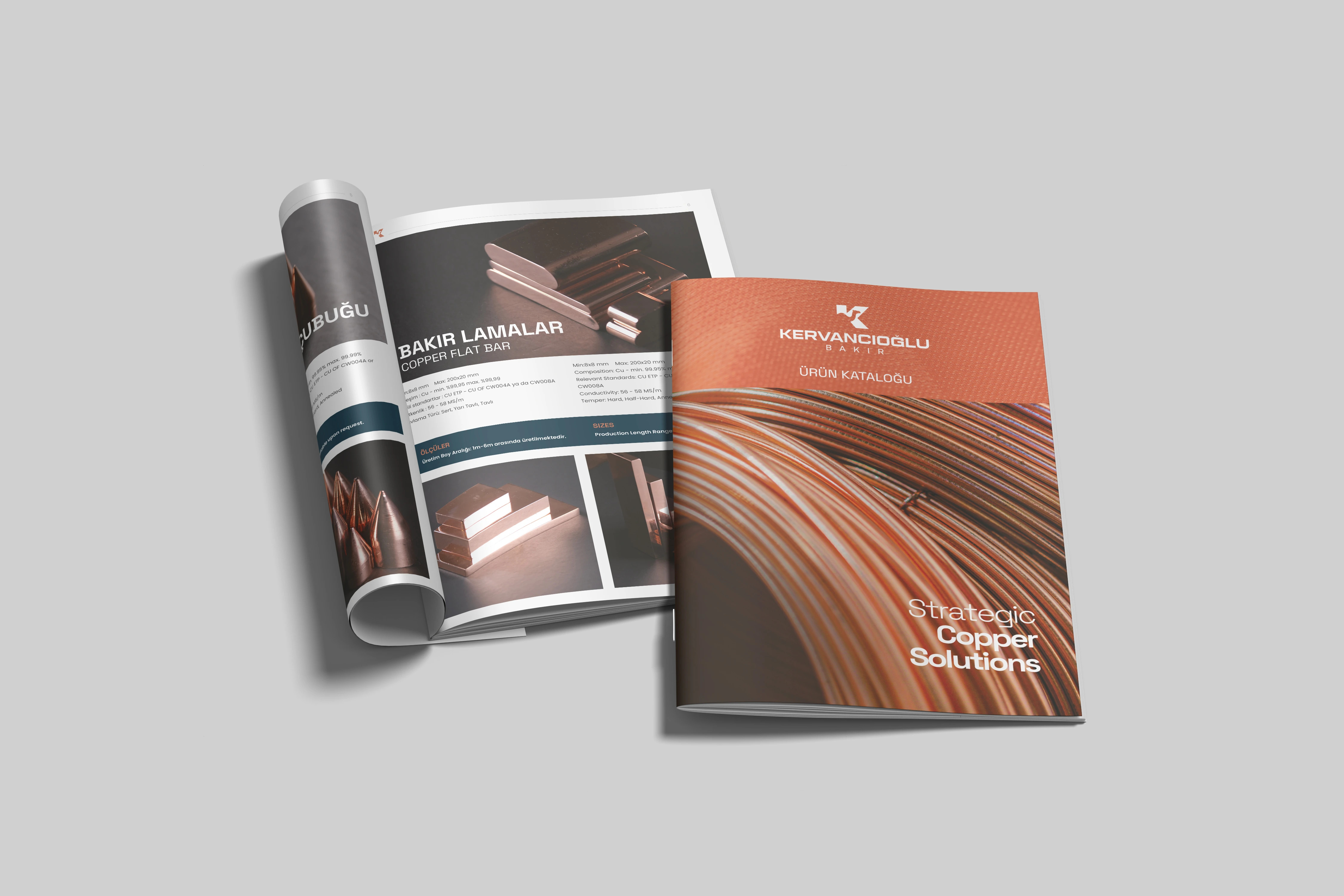 “Strategic Copper Solutions” yazan bakır kapaklı Kervancıoğlu Bakır ürün kataloğu ve yanında açık “Bakır Lamalar / Copper Flat Bar” sayfası