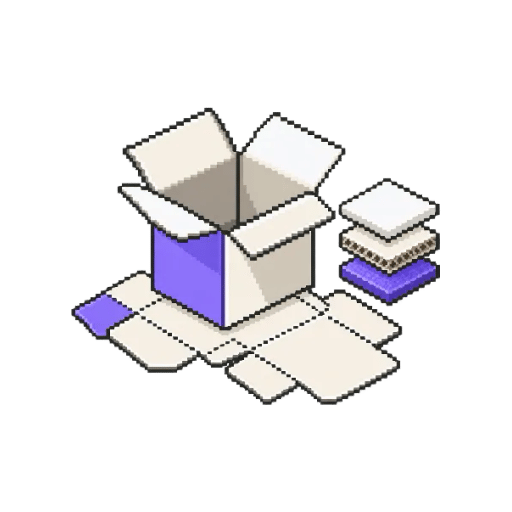 Isometric pixel-art icon of an open carton, dieline, and layered material swatches